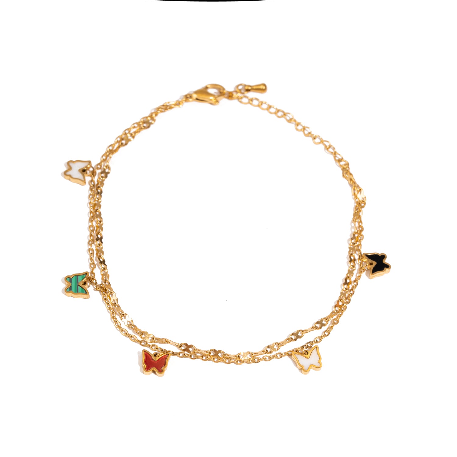 Boho-chic gold anklet with vibrant enamel butterflies for summer style