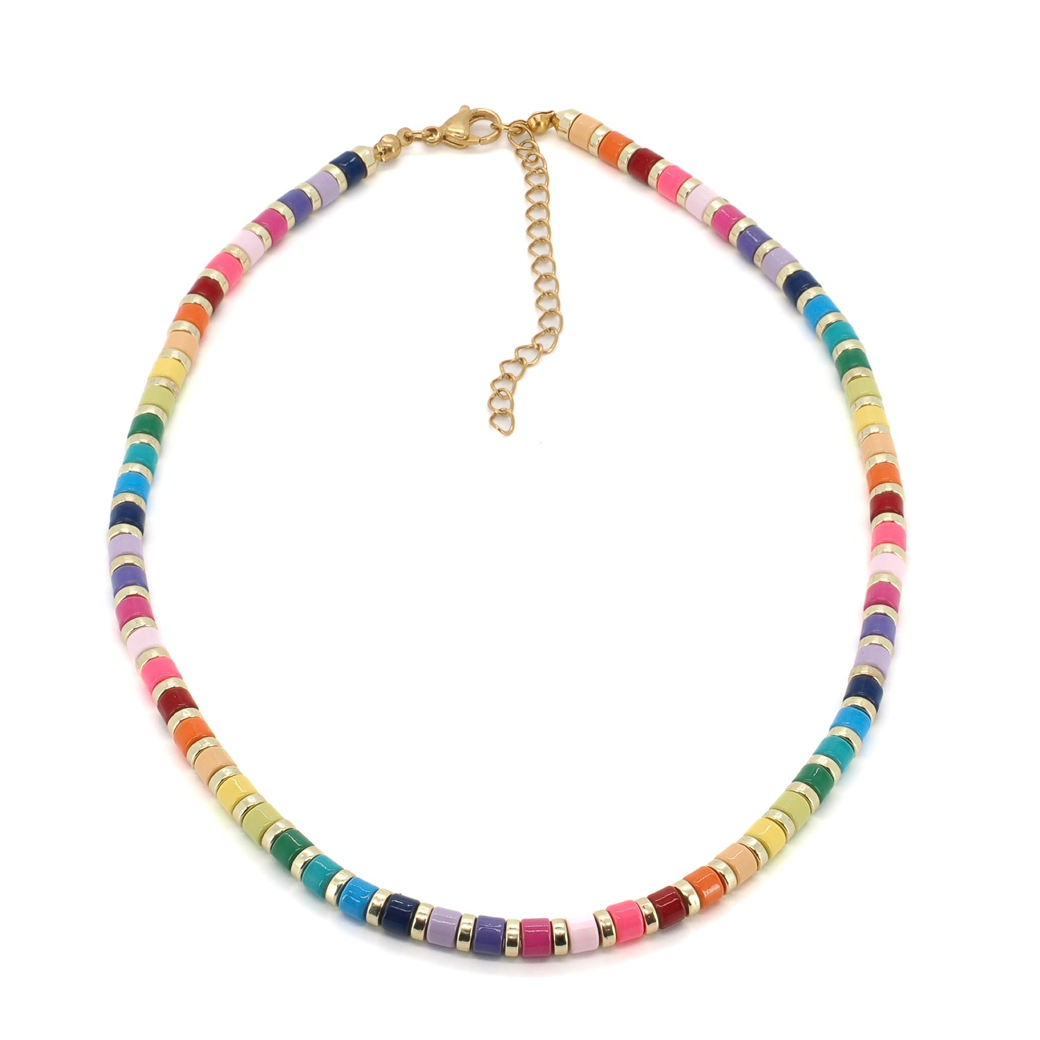 Rainbow ceramic bead summer choker necklace with gold spacers and adjustable clasp