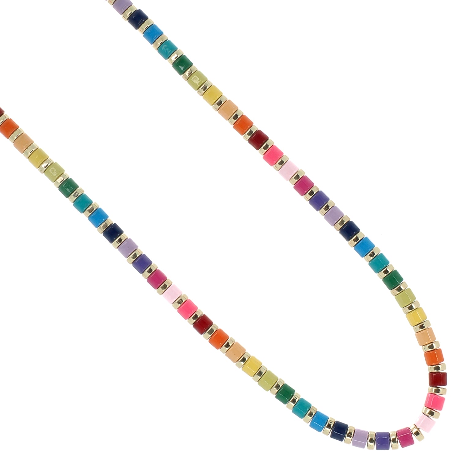 Close view of multicolor ceramic beads on a handmade summer choker necklace