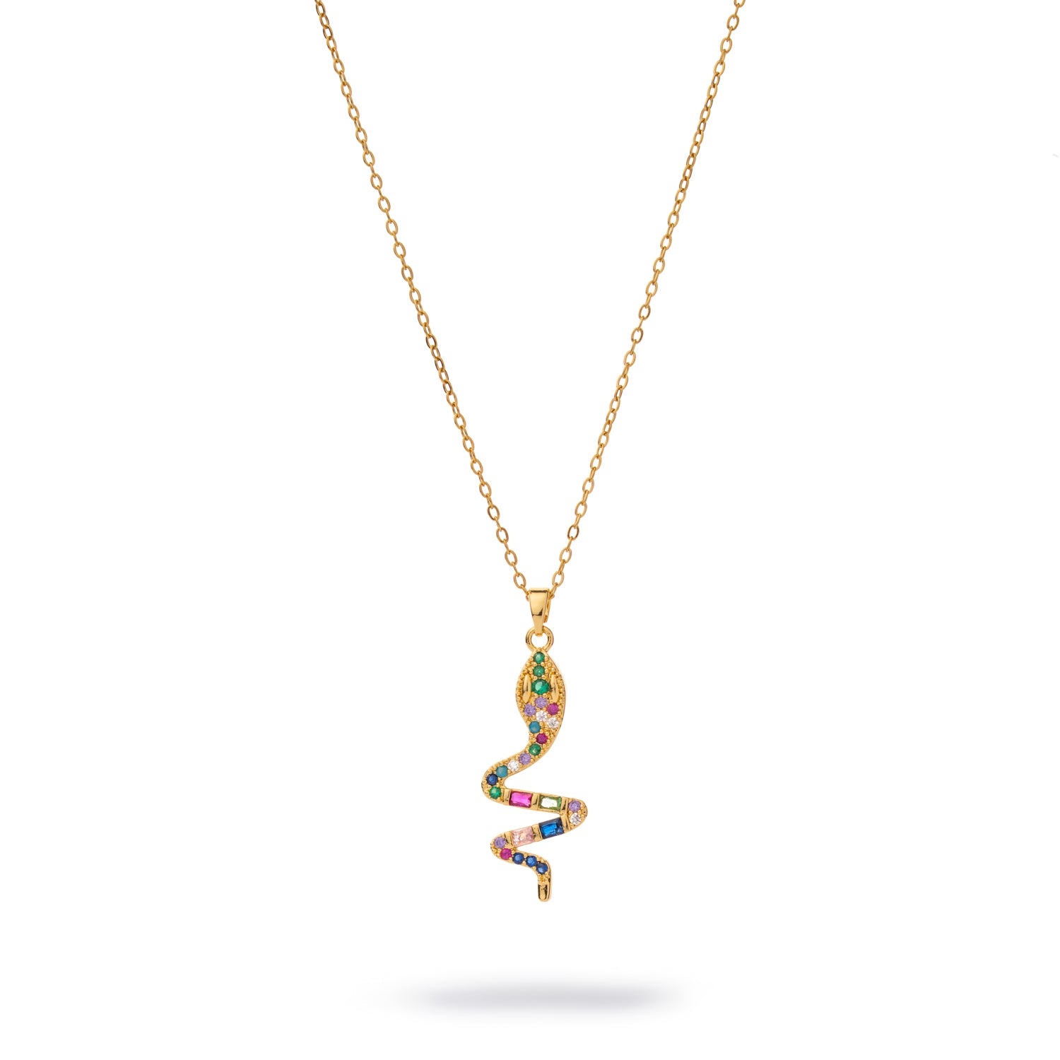Gold Y-shaped snake pendant necklace with rainbow-colored gemstones on an 18k gold-plated stainless steel chain.