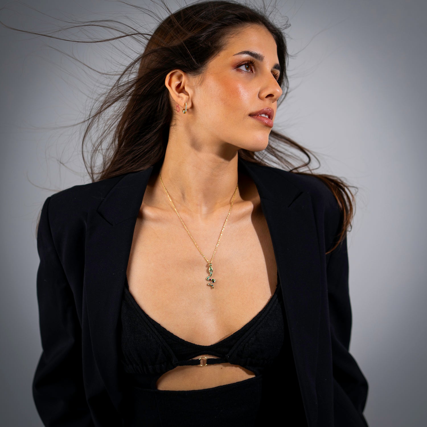 Rainbow Guardian gold snake pendant necklace with colorful gemstones on an 18k gold-plated Y-shaped chain.

