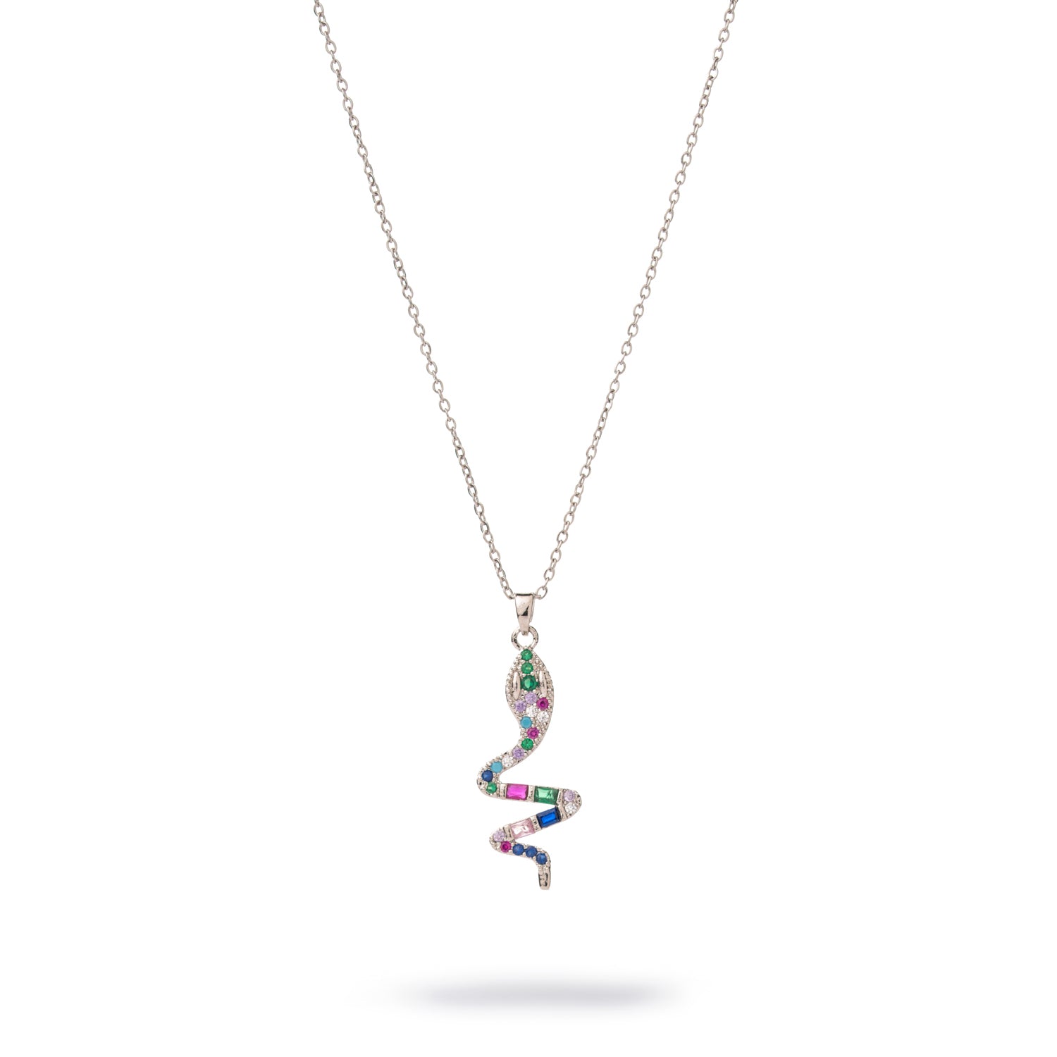 Silver spiral-shaped snake pendant necklace with colorful rainbow gemstones on a slim silver-plated chain.