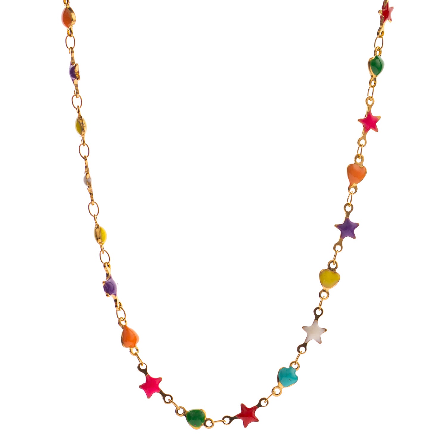 Close-up of rainbow star and heart charms on a dainty gold-plated choker necklace for women