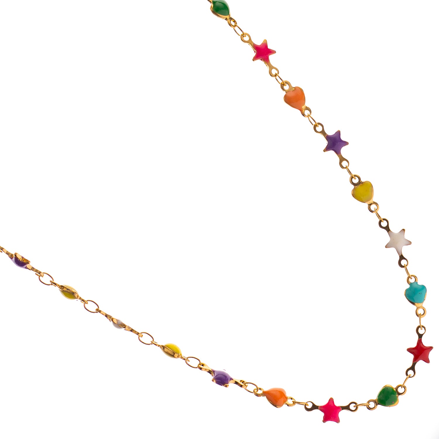 Rainbow enamel charm necklace with adjustable gold chain, styled as a colorful boho accessory