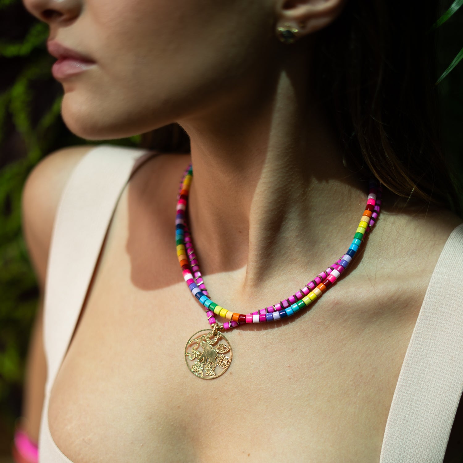 Handmade rainbow ceramic beaded choker on adjustable cord