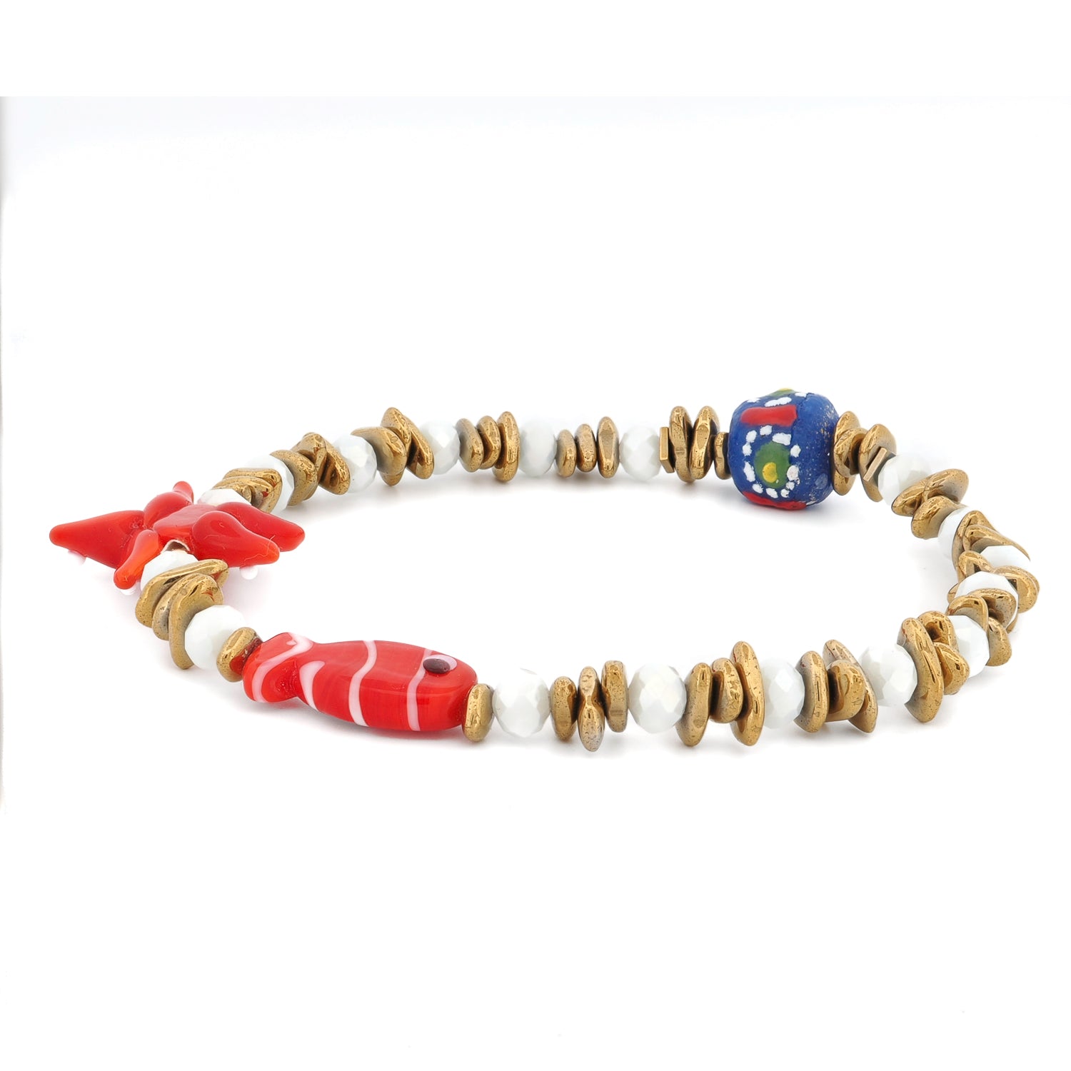 Red Ceramic Fish & Star Joyful Summer Beaded Anklet with white crystal beads, hand-painted blue ceramic, and gold hematite spacers on stretchy cord