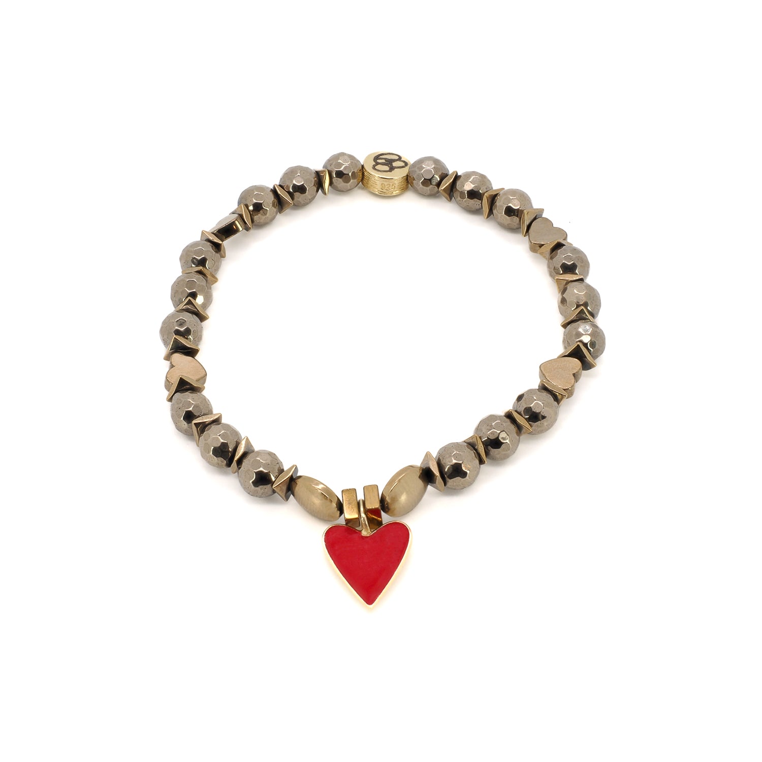 The Red Heart Gold Hematite Stone Love Beaded Bracelet is a beautiful and unique piece of jewelry that combines heart-shaped hematite stone beads with gold-colored hematite stone beads.