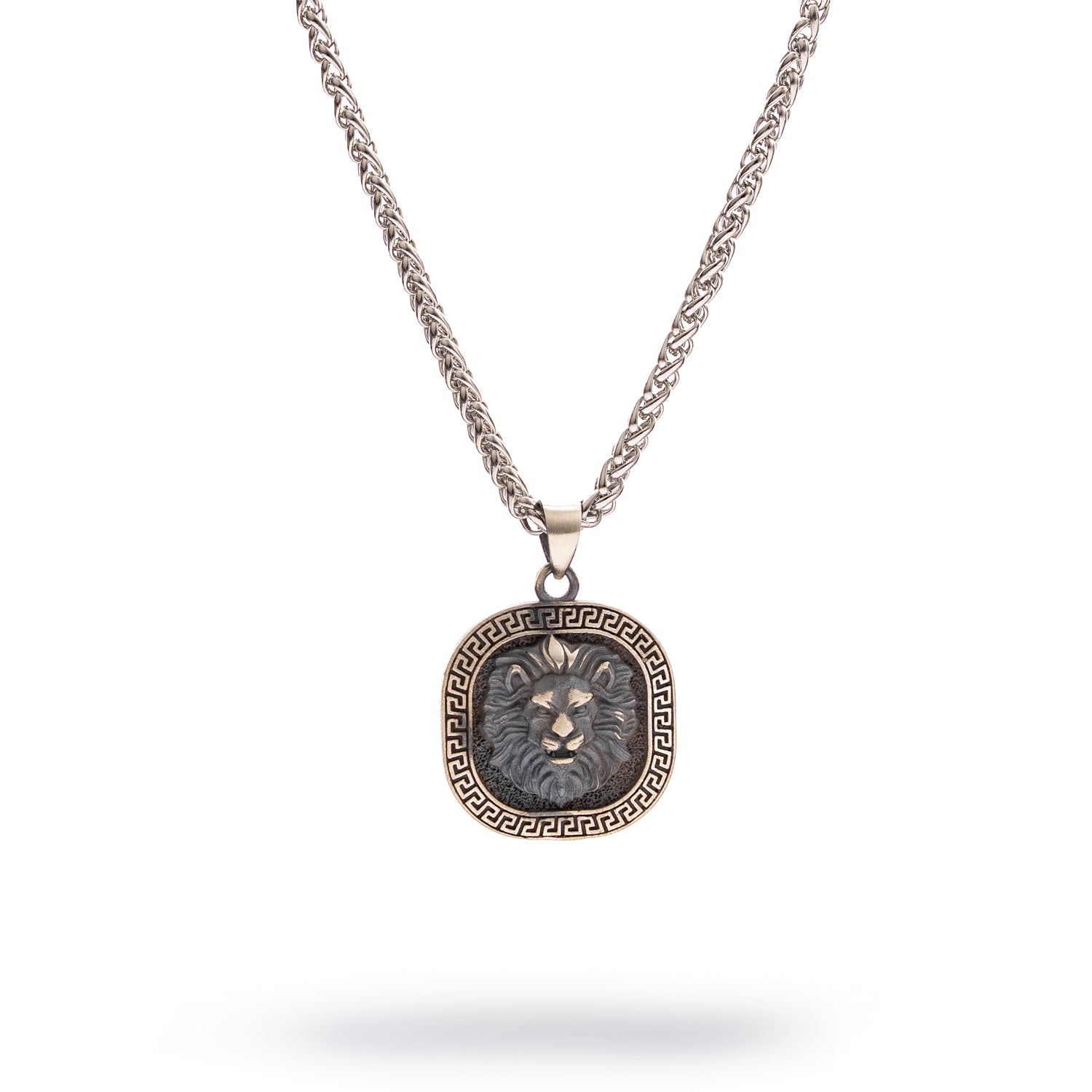Sterling silver necklace with detailed lion head medallion pendant, oxidized finish, 22-inch chain, bold masculine jewelry.