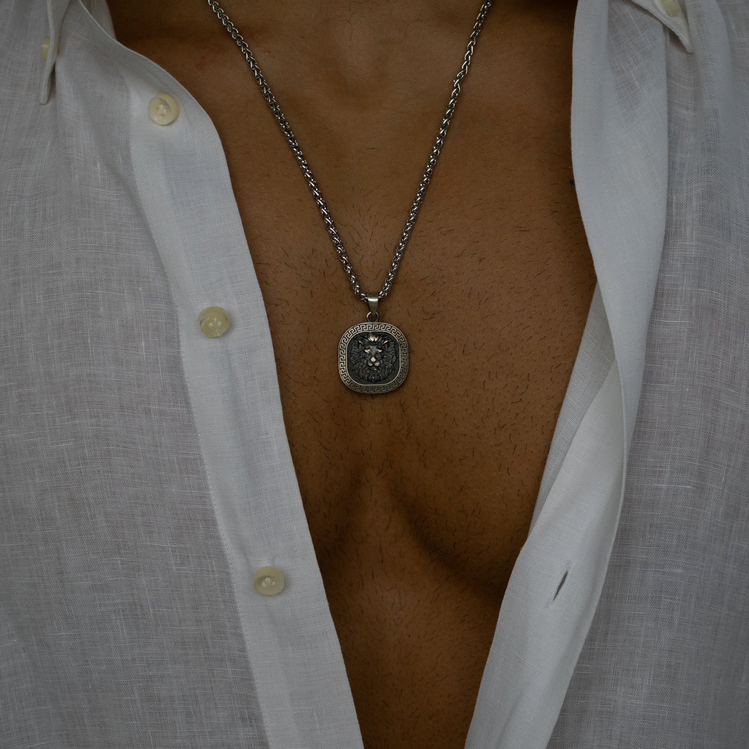 Sterling silver necklace with bold oxidized lion head medallion pendant, 22-inch chain, detailed men’s jewelry.