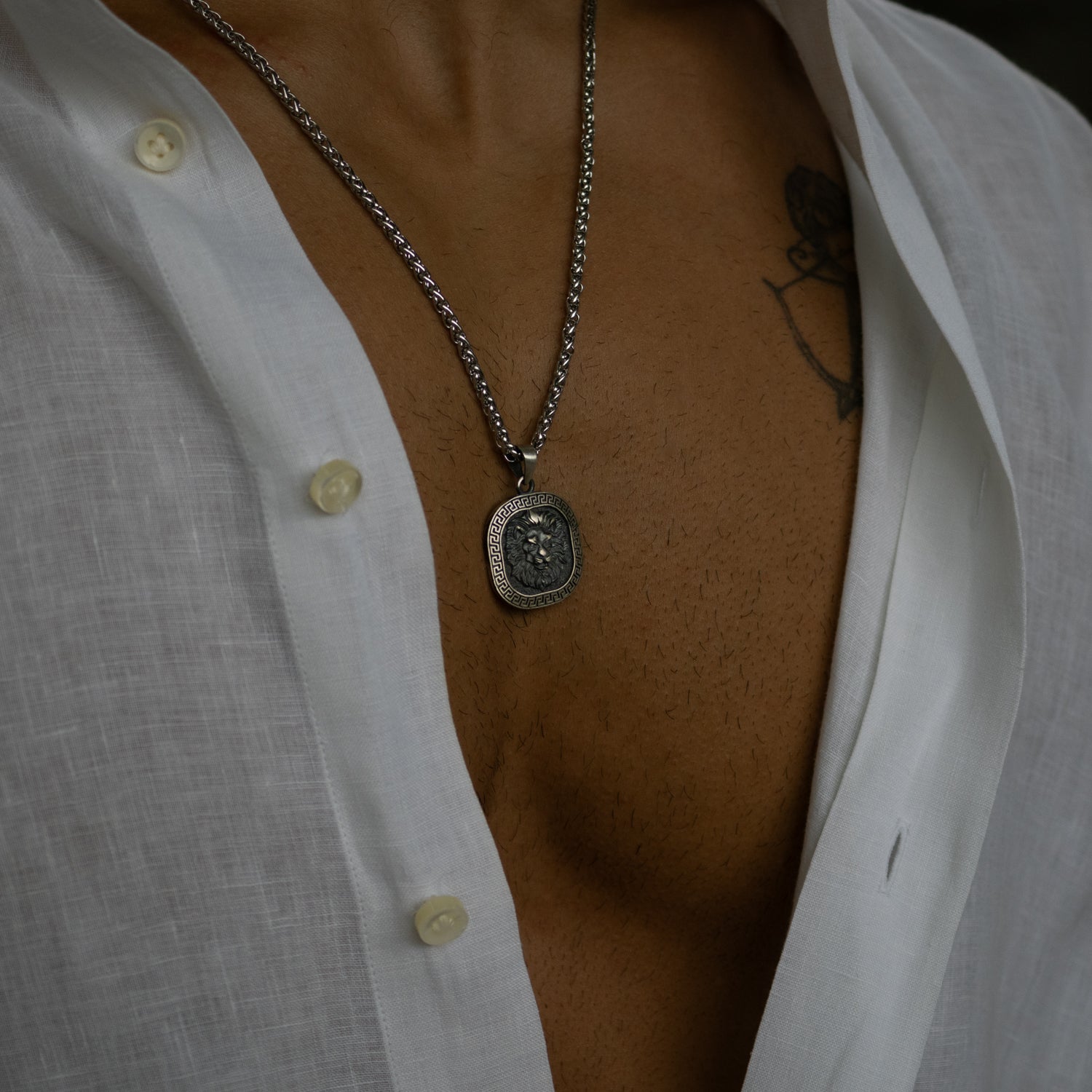 Sterling silver men’s necklace with oxidized lion head medallion pendant, 22-inch chain, bold regal jewelry.