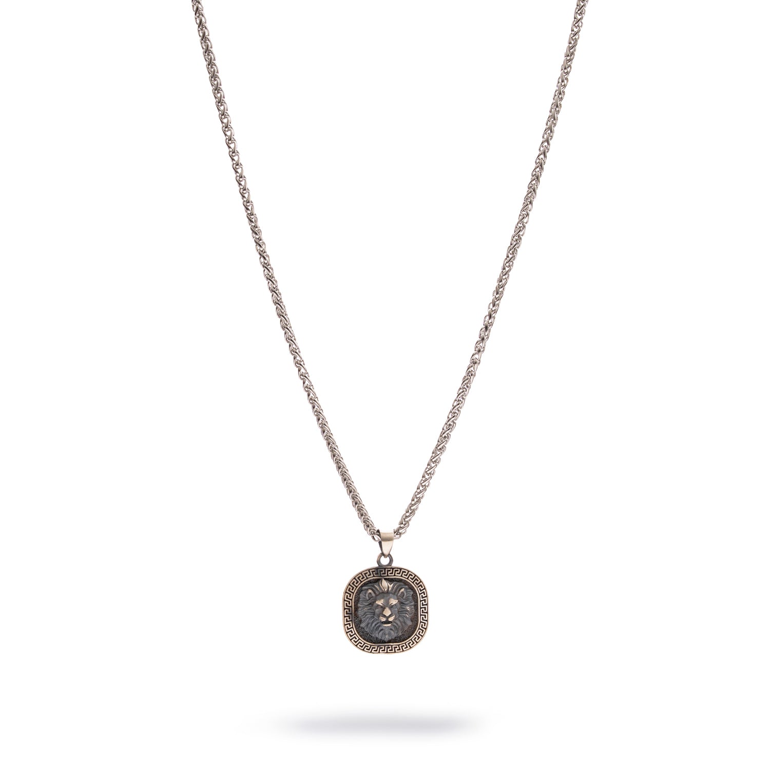Sterling silver necklace with regal lion head medallion pendant, oxidized finish, 22-inch chain, bold masculine jewelry.