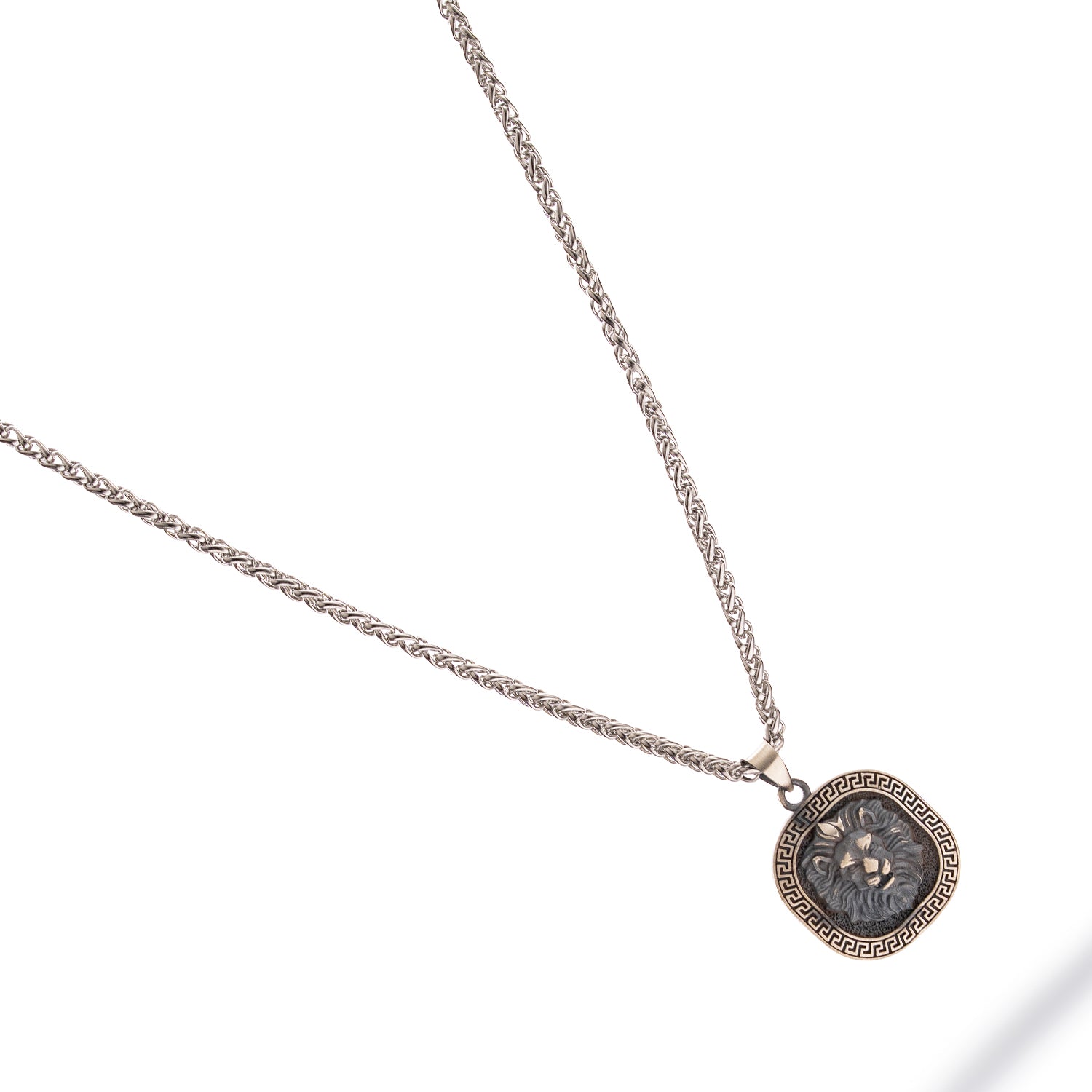Sterling silver necklace with detailed oxidized lion head medallion pendant, 22-inch chain, bold men’s jewelry.
