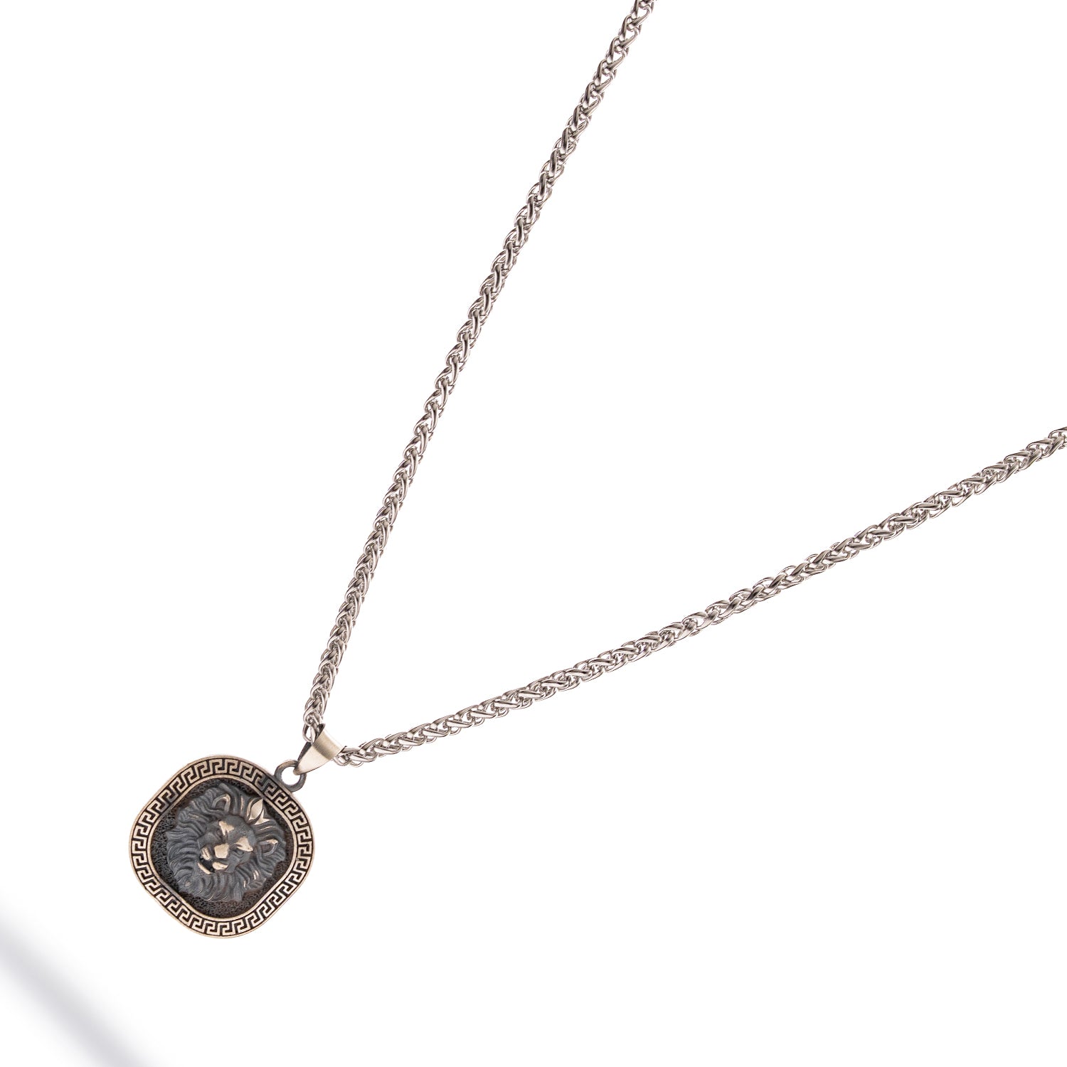 Sterling silver necklace with oxidized lion head medallion pendant, 22-inch chain, bold, detailed men’s jewelry.
