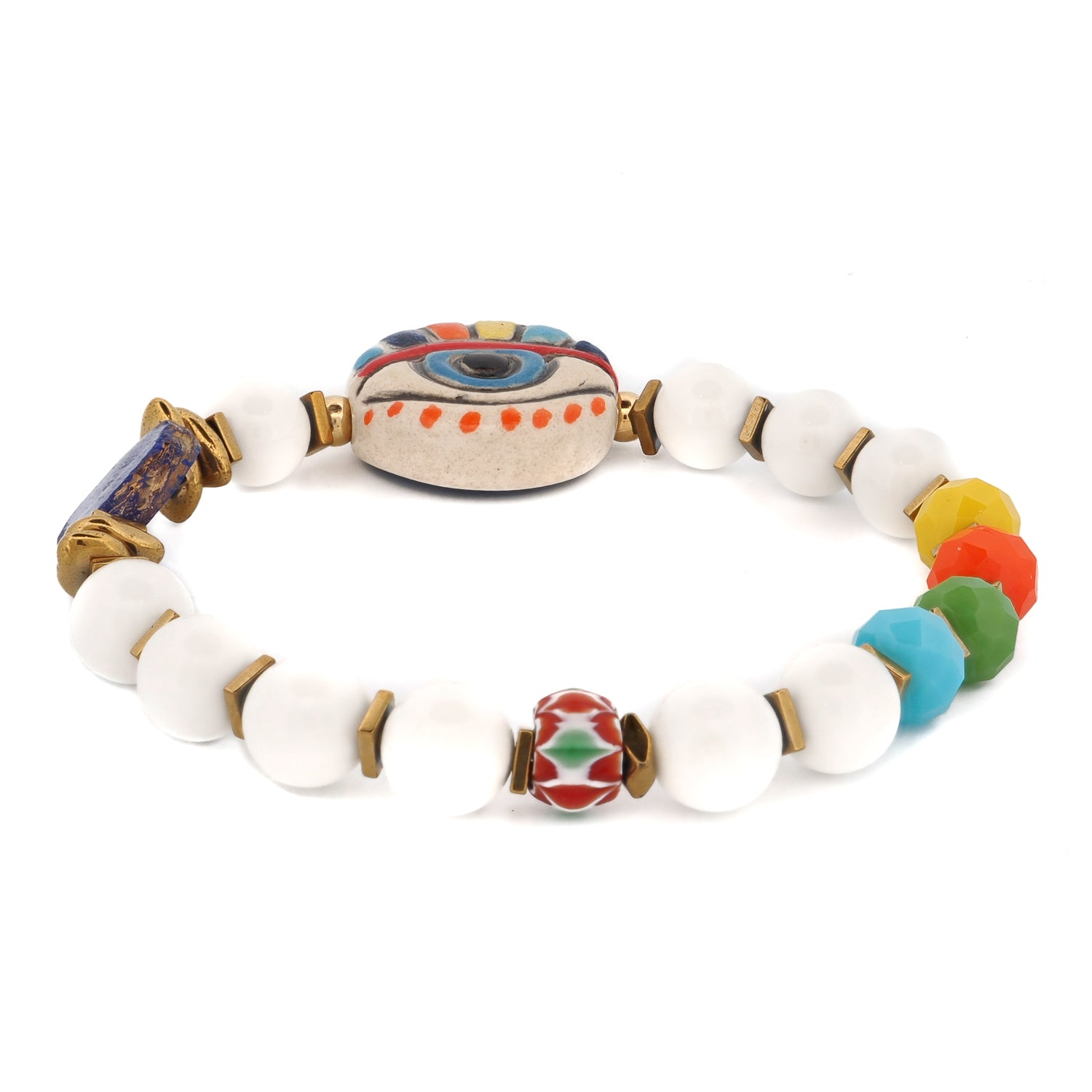 Reversible Evil Eye Beaded Summer Bracelet showing both ceramic evil eye designs — calm side and colorful side — with white jade and crystal beads