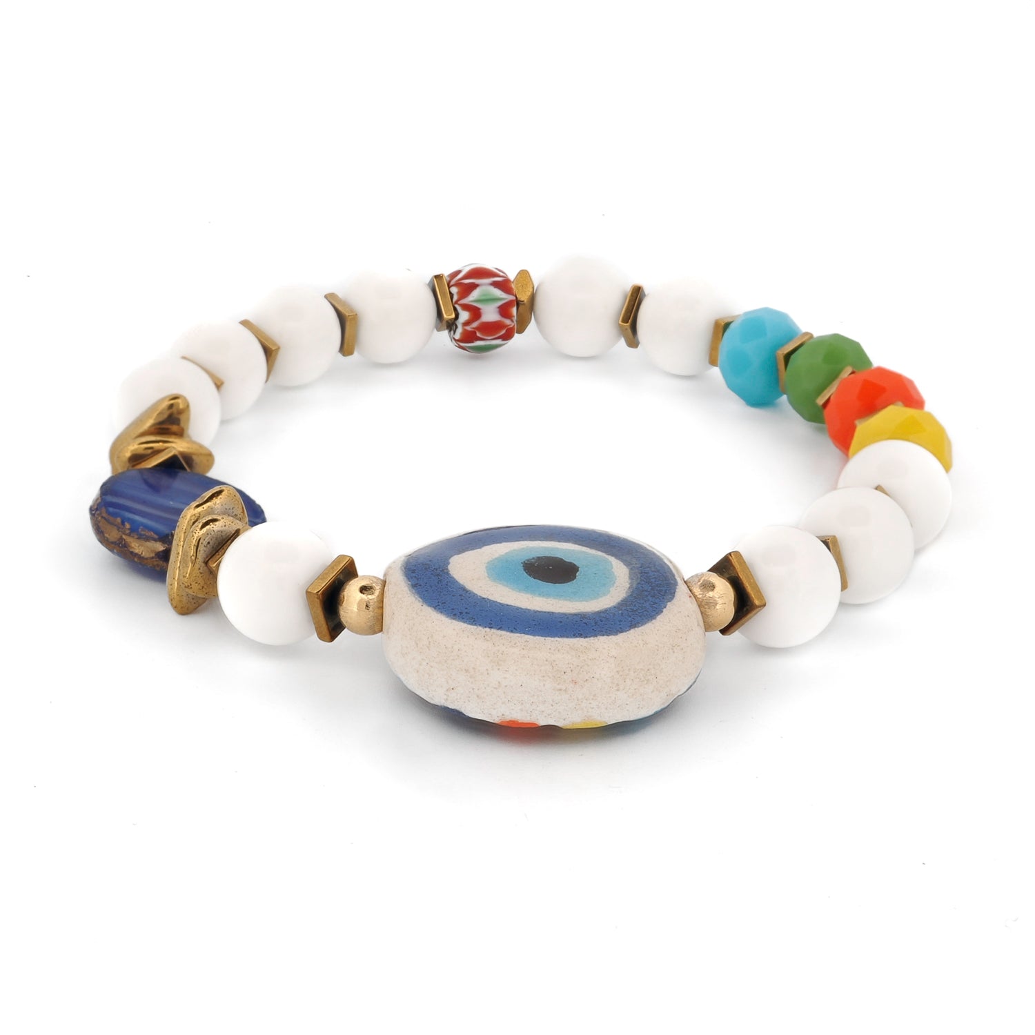 Reversible Evil Eye Beaded Summer Bracelet product photo showing blue and white nazar on one side, rainbow colorful evil eye on reverse, with white jade and crystal beads