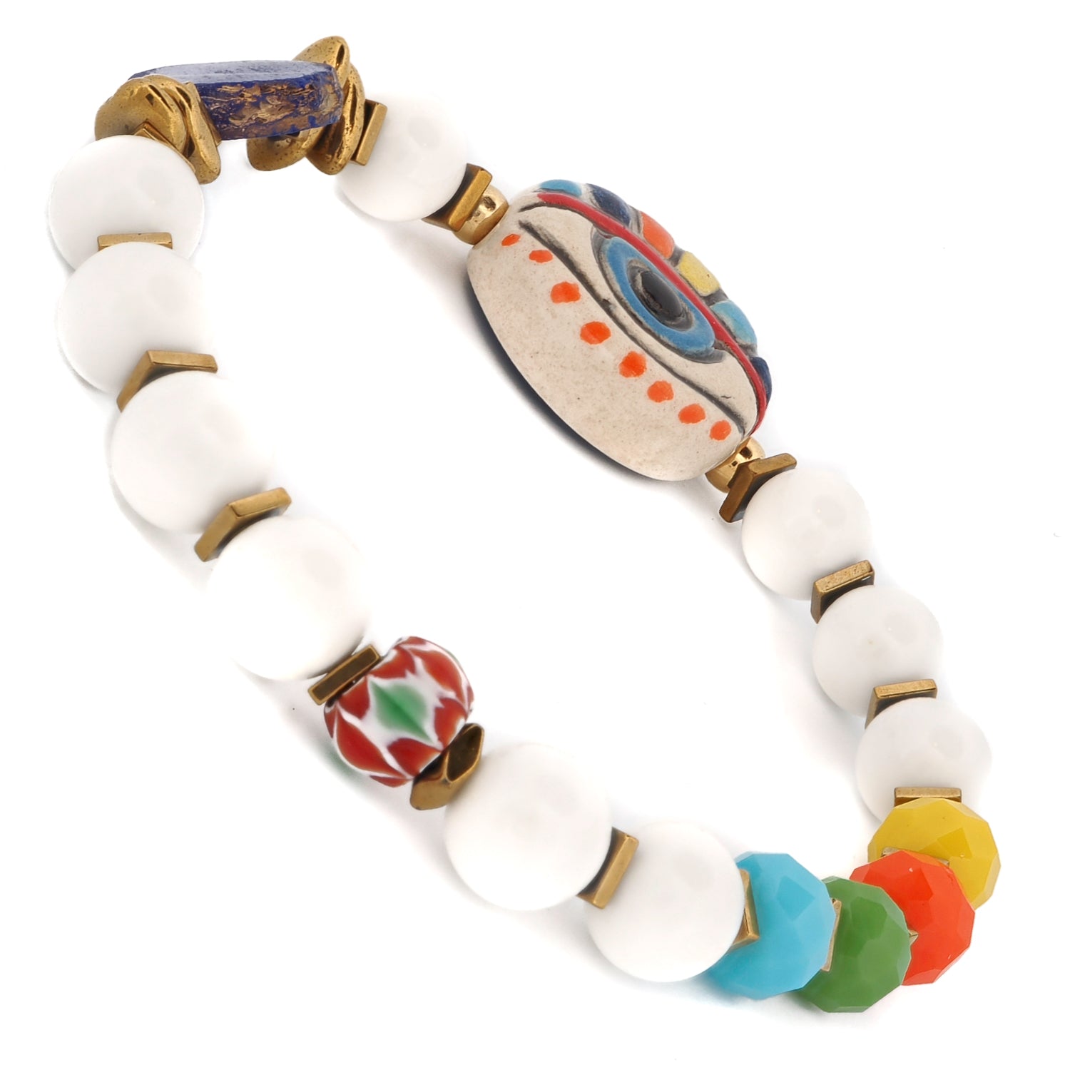 Two-sided evil eye bracelet with hand-painted ceramic focal bead, white jade beads, and colorful faceted crystal — handmade reversible bracelet