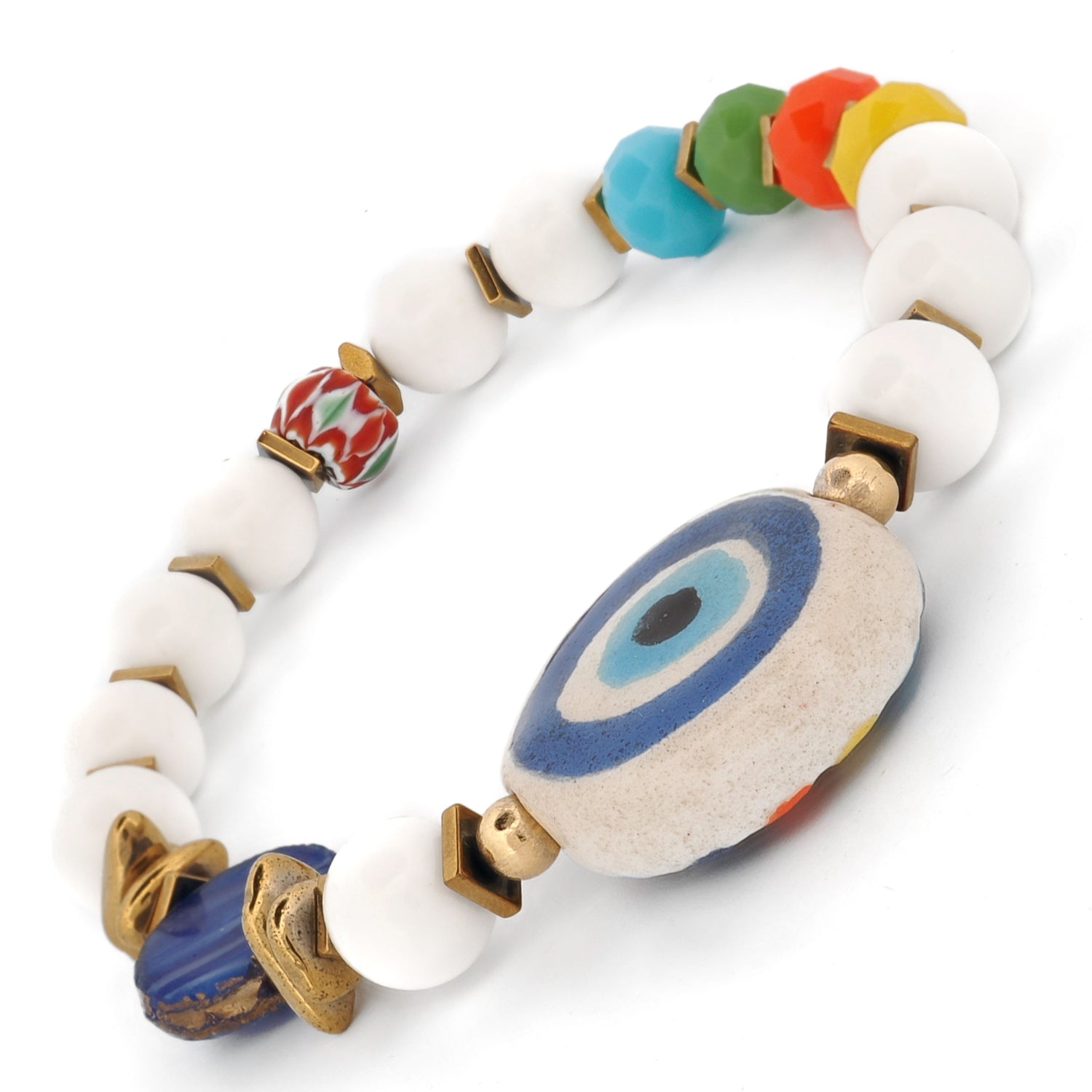 Handmade reversible evil eye beaded bracelet with blue-white nazar and rainbow nazar, African trade beads, and gold spacers — Ebru Jewelry