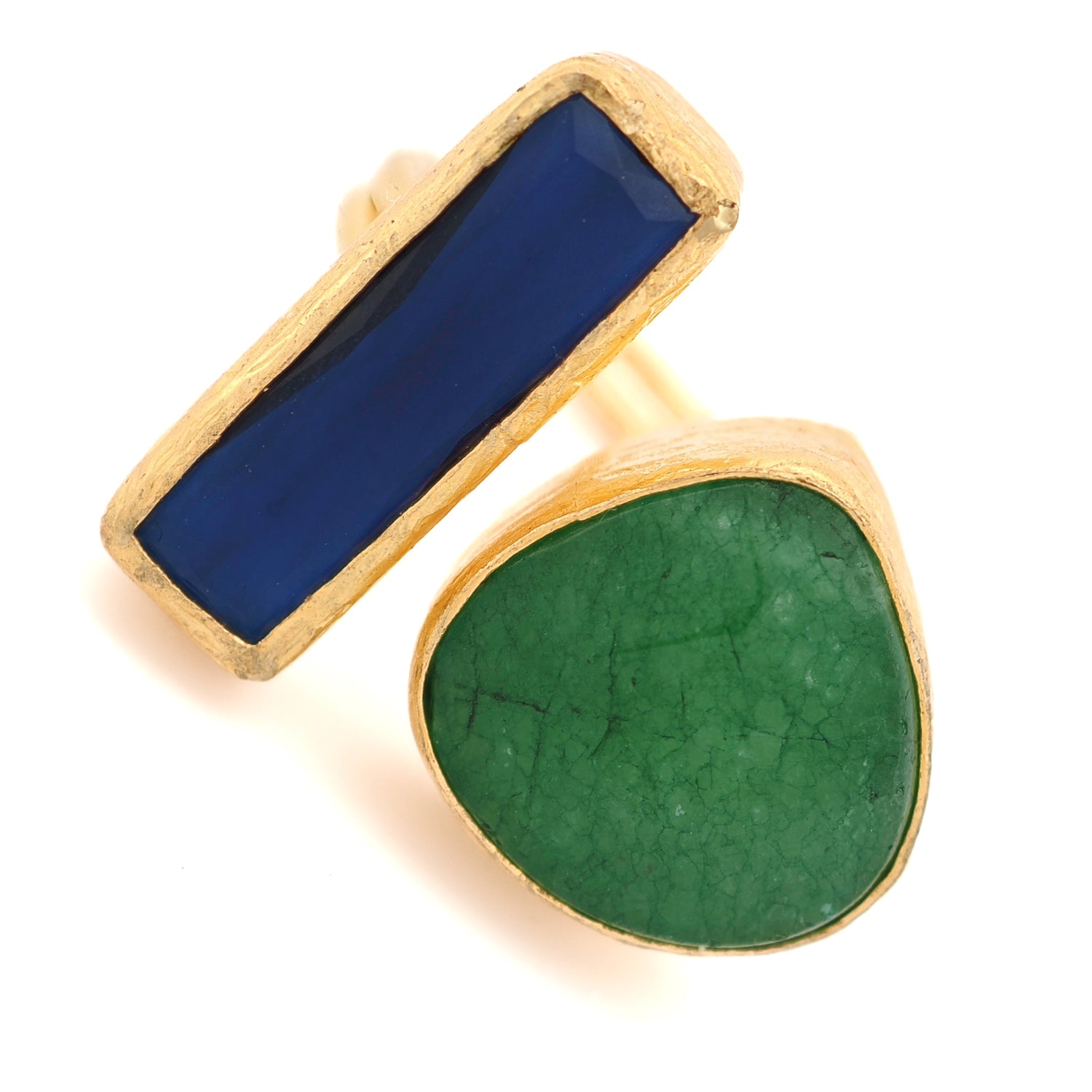 Close-up of 24K gold-plated bronze ring with deep blue sapphire and vibrant green emerald

