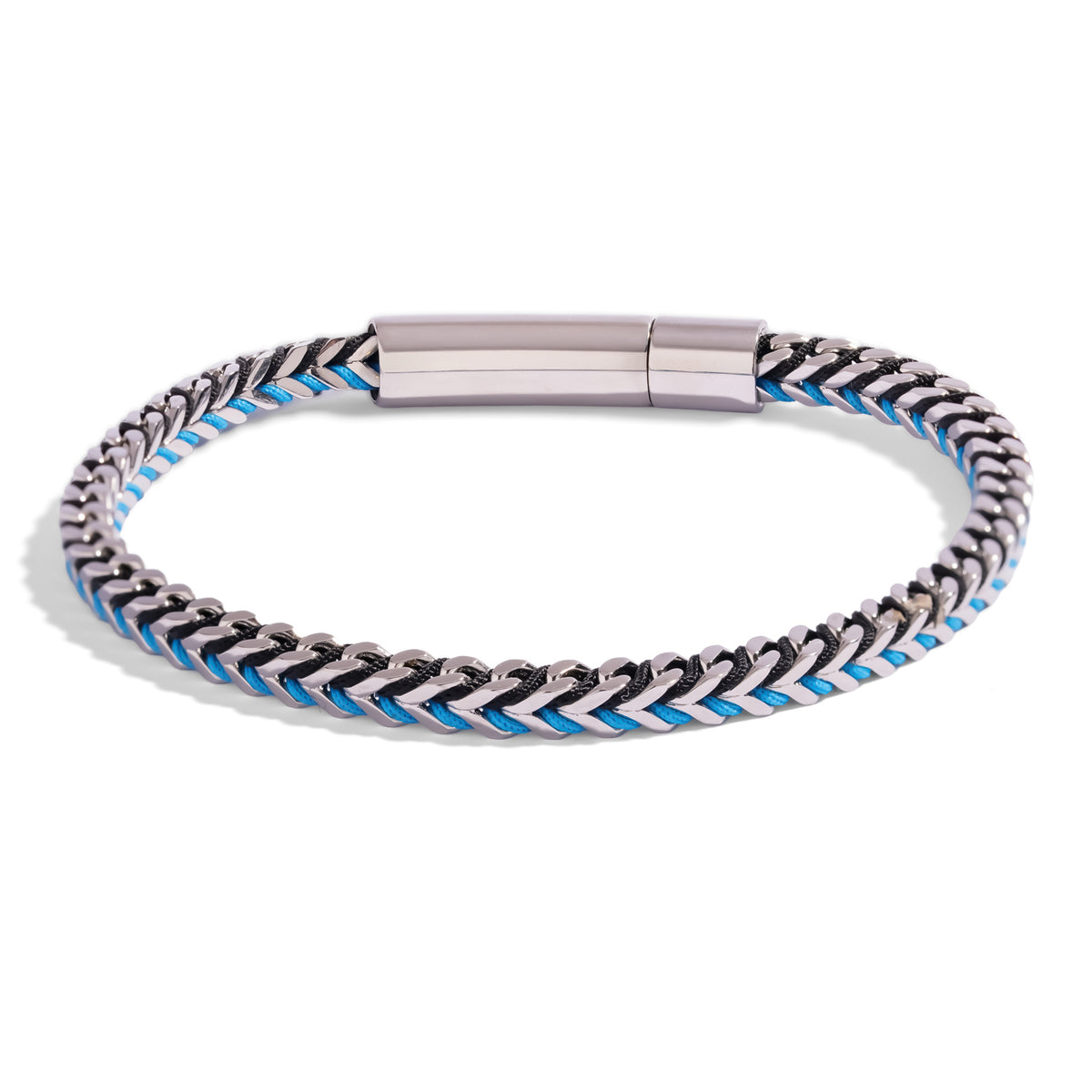 Turquoise Blue Cord Foxtail Steel Men's Bracelet, a polished stainless steel foxtail chain laced with turquoise blue and black cord