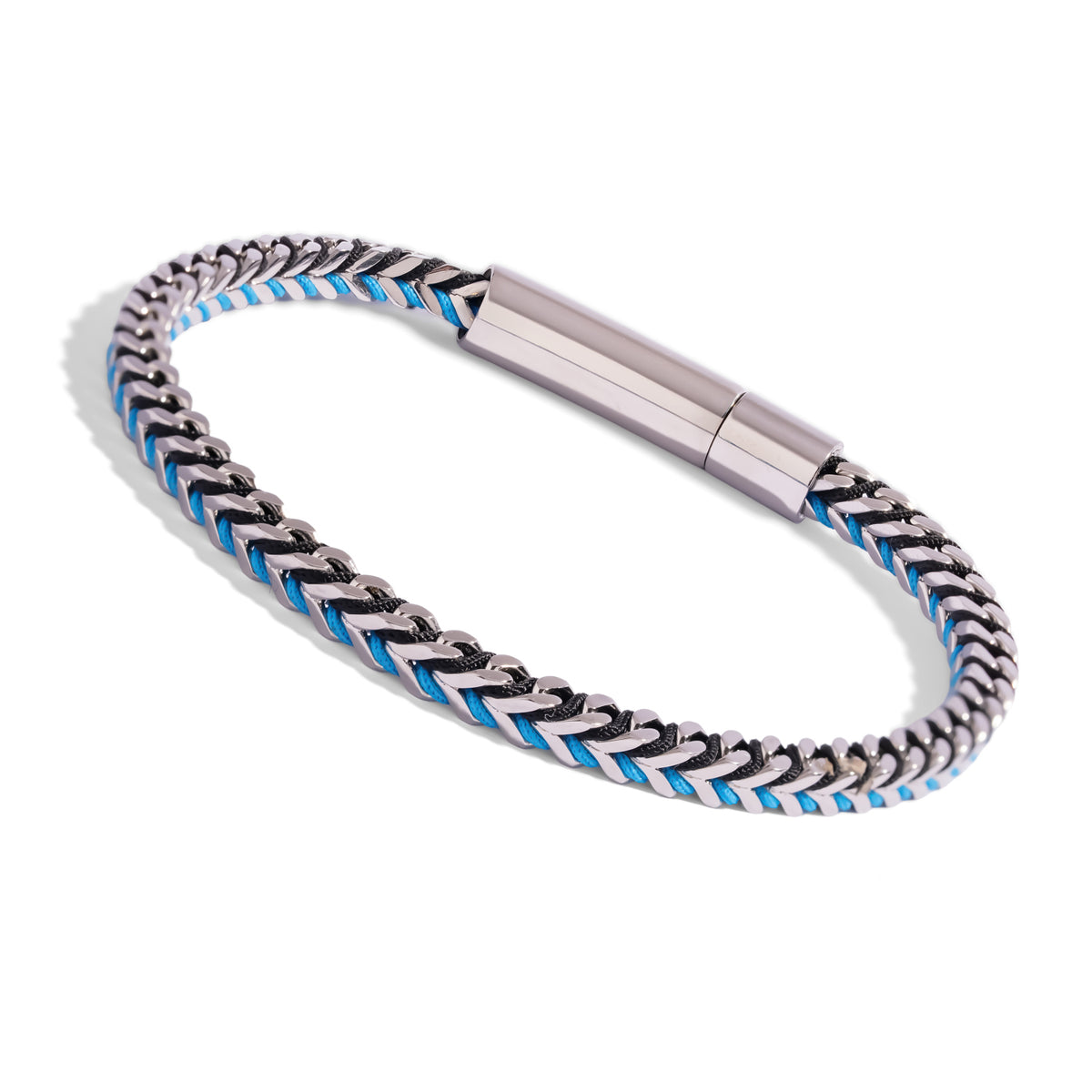 Angled view of the turquoise blue cord foxtail bracelet showing the blue and black cord between the steel links and the brushed clasp