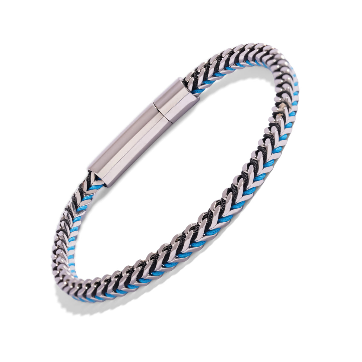 Men's stainless steel foxtail chain bracelet with turquoise blue and black cord, seen from above on a white background