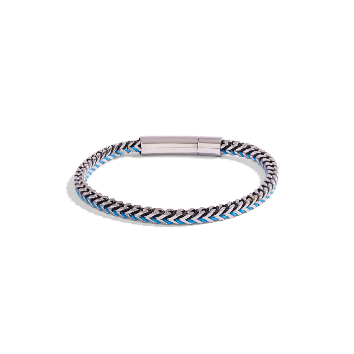 Front view of the turquoise blue cord foxtail stainless steel men's bracelet