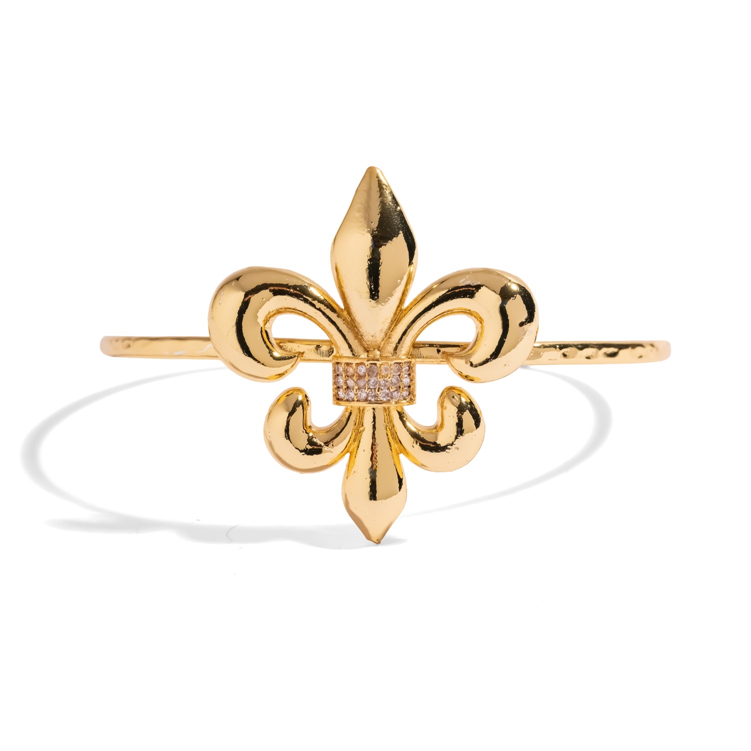 Side angle view of the Royal Fleur de Lis Crystal Gold Cuff Bracelet