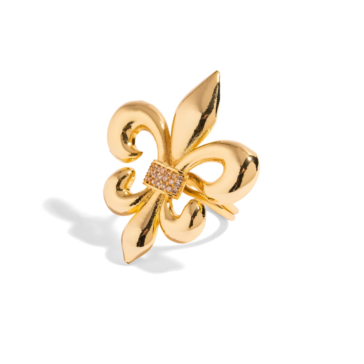 Royal Fleur de Lis Gold Statement Ring close-up view, showcasing the pavé crystal center band
