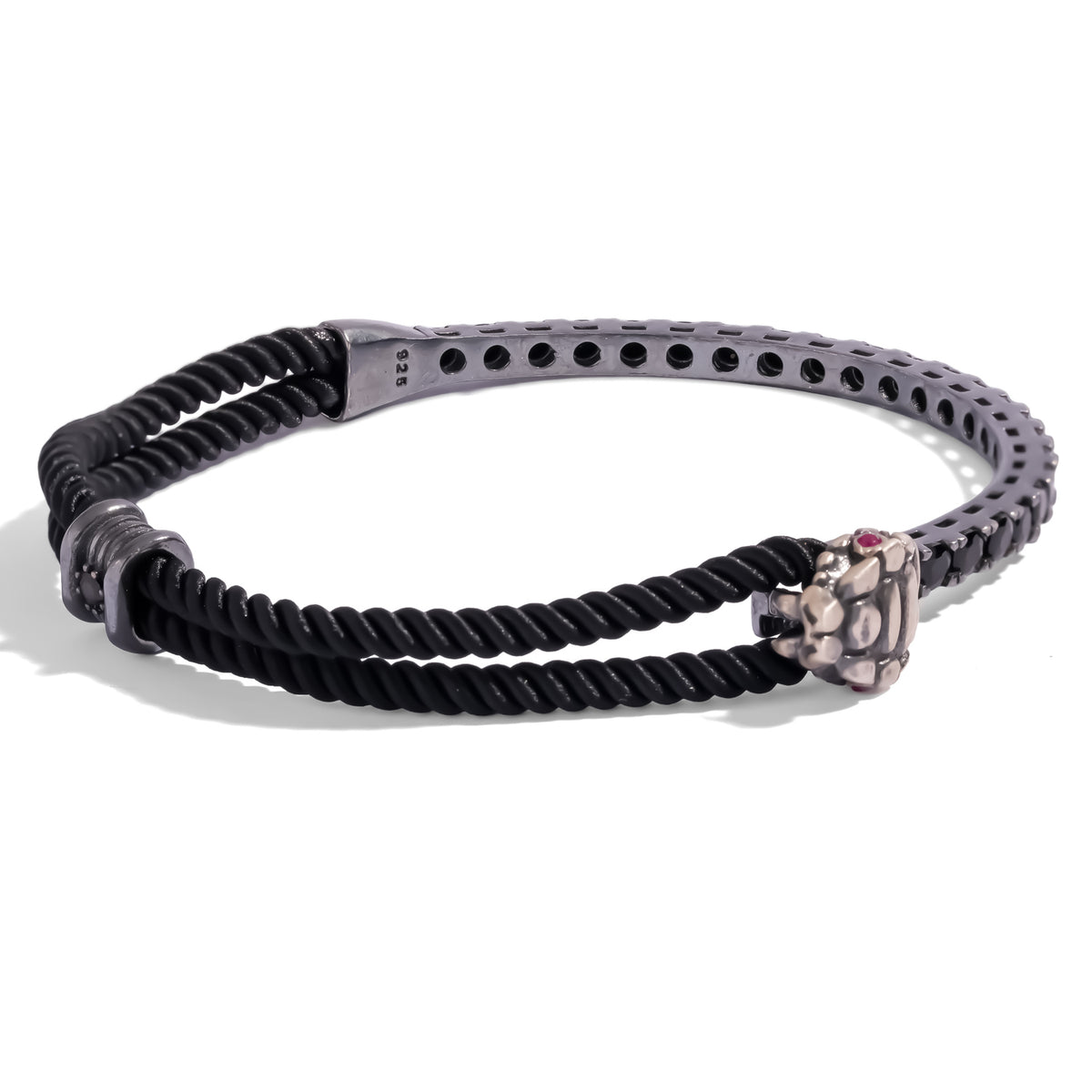 Ruby Eye Snake Black Diamond Oxidized Sterling Silver Men's Cord Bracelet with a doubled black cord and black zircon bar