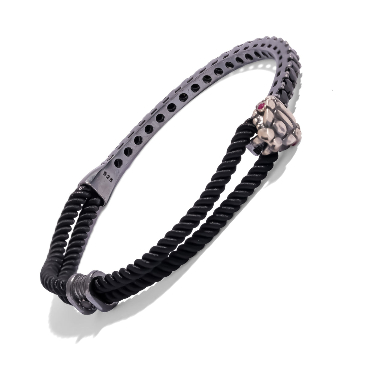 Angled view of the men's snake bracelet showing the twisted black cord, silver slider and 925 stamped bar