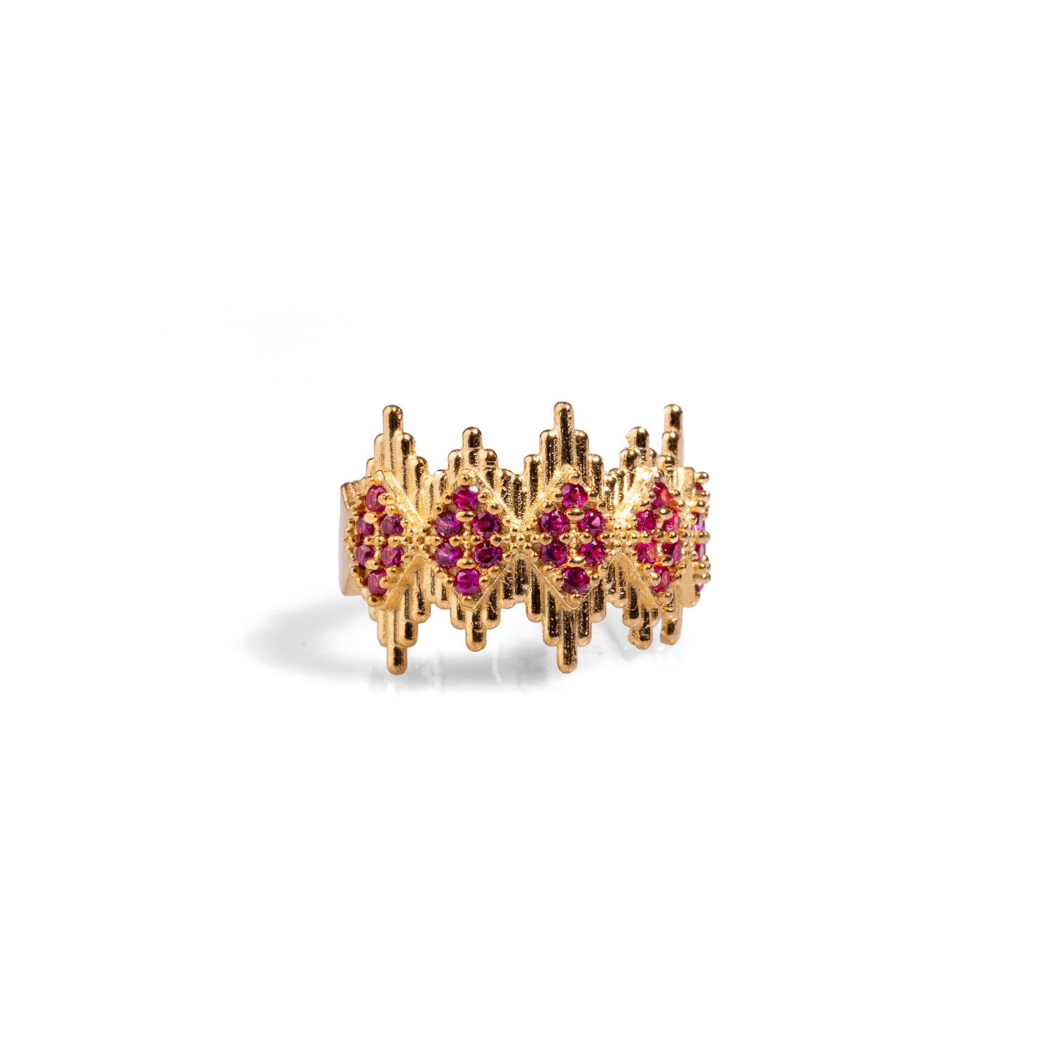 Stylish adjustable ring with a gold crown design and ruby stones, crafted from 24k gold-plated brass for a luxurious finish.
