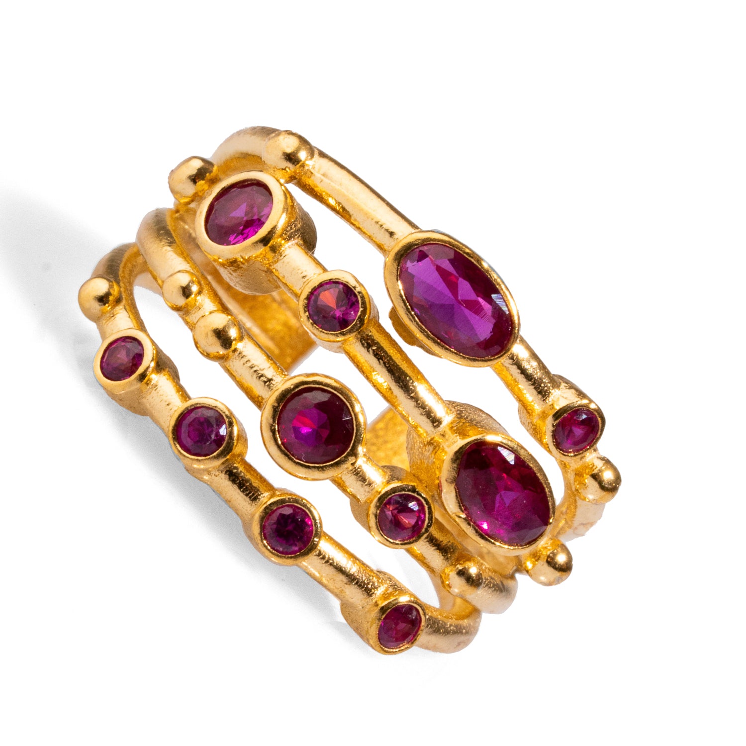 Beautifully designed ring with ruby stones and a 24k gold-plated brass base, adjustable for comfort and perfect for both everyday wear and special occasions.
