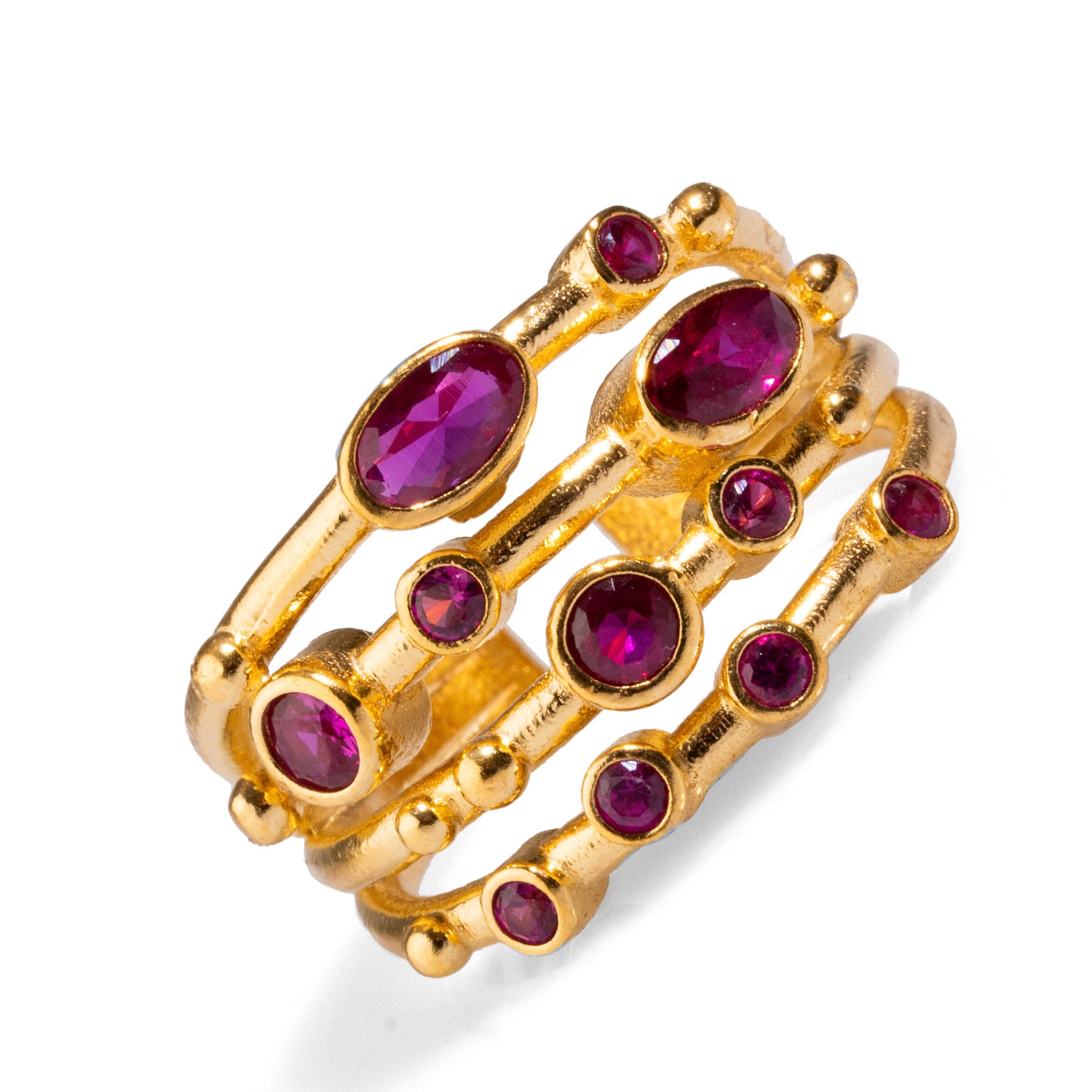 Elegant adjustable ring featuring ruby stones in a stunning 24k gold-plated brass setting, designed for versatile wear and timeless appeal.
