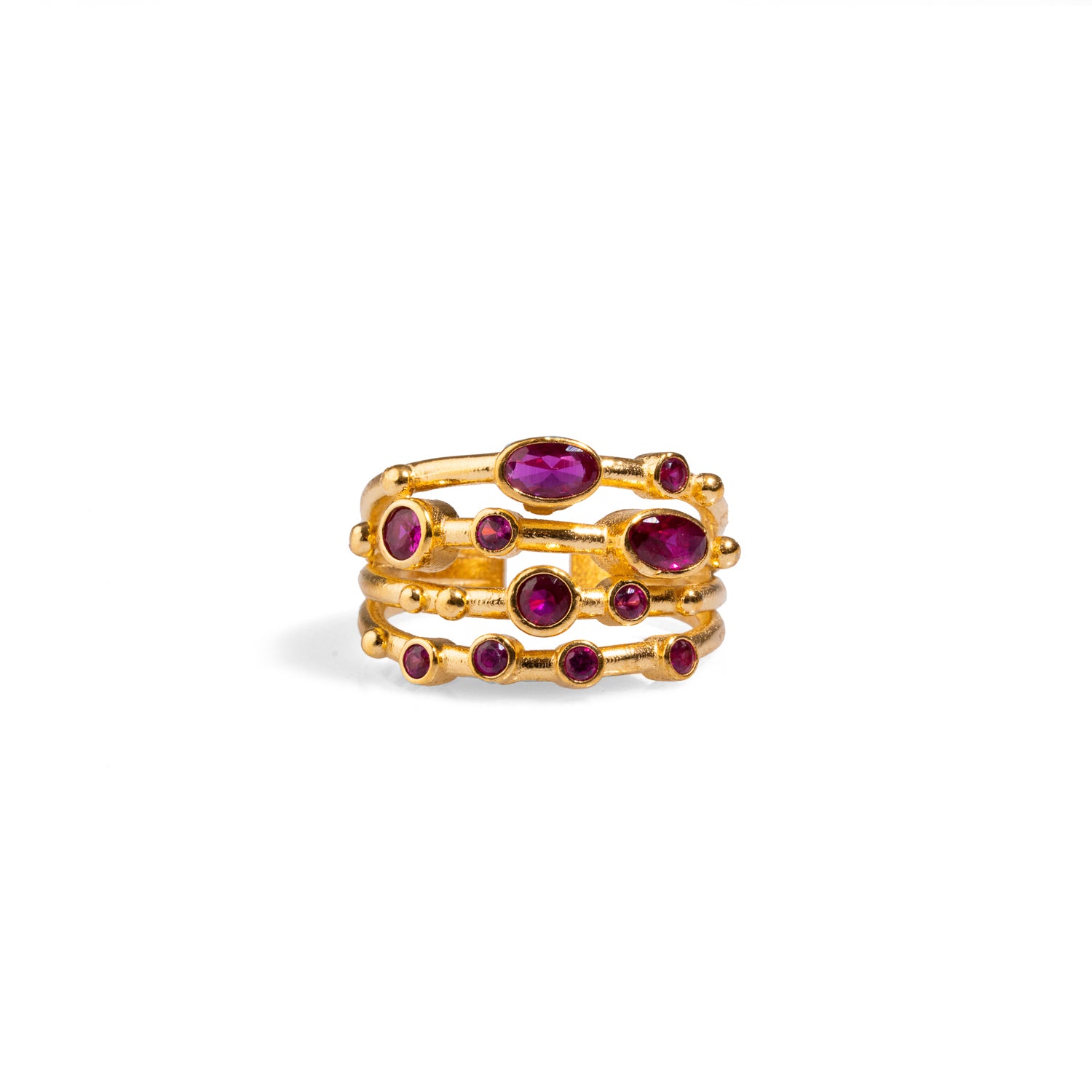 Glamorous ring with ruby stones and a 24k gold-plated design, adjustable for versatility and comfort, ideal for adding luxury to any outfit.
