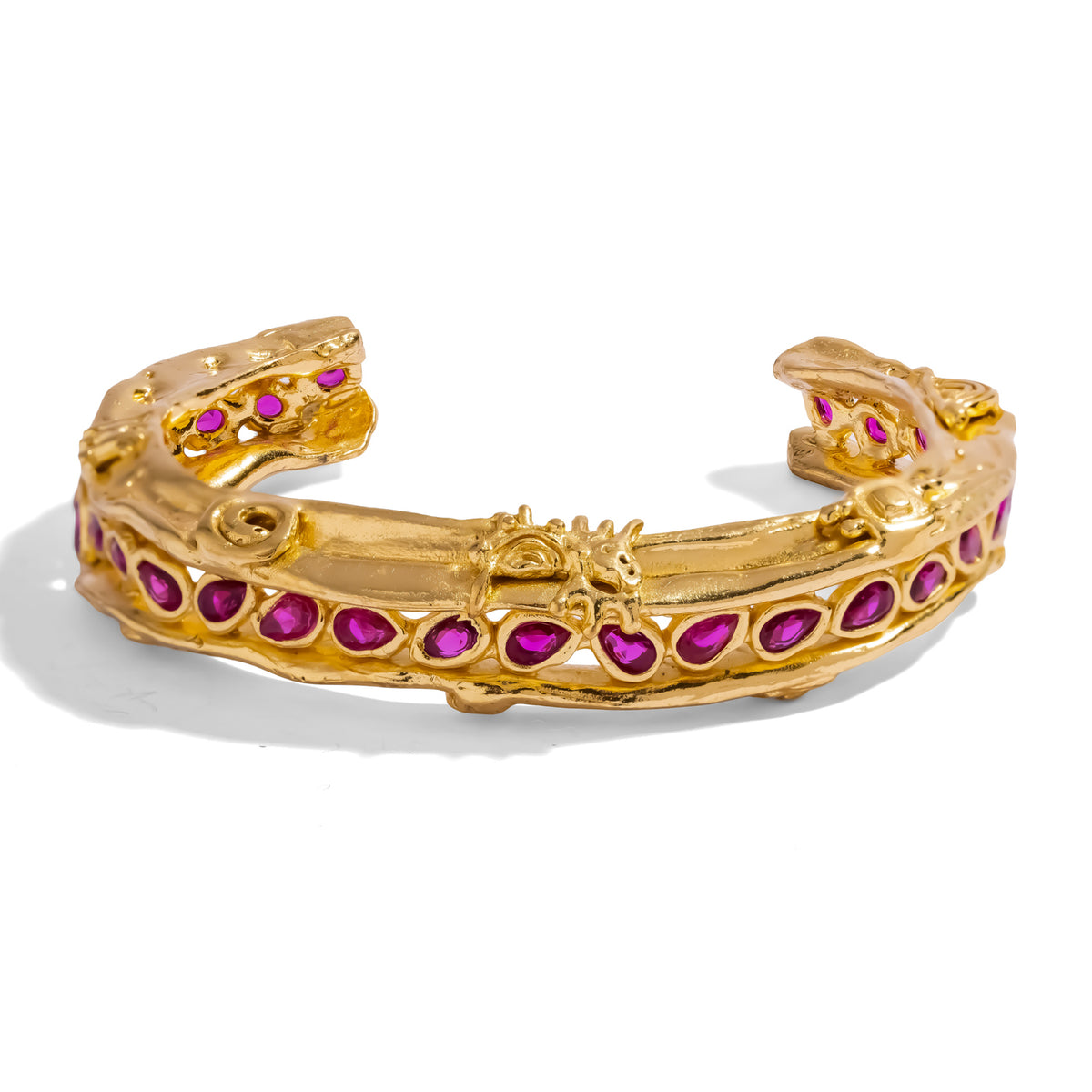 Ruby Teardrop Antique Anatolian Symbols Gold Cuff Bracelet, a row of teardrop cut ruby stones along a hand worked 24K gold plated band