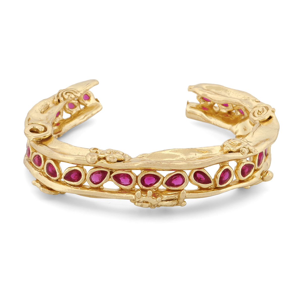 Front view of the Ruby Teardrop Antique Anatolian Symbols Gold Cuff Bracelet, teardrop ruby stones set in a continuous row