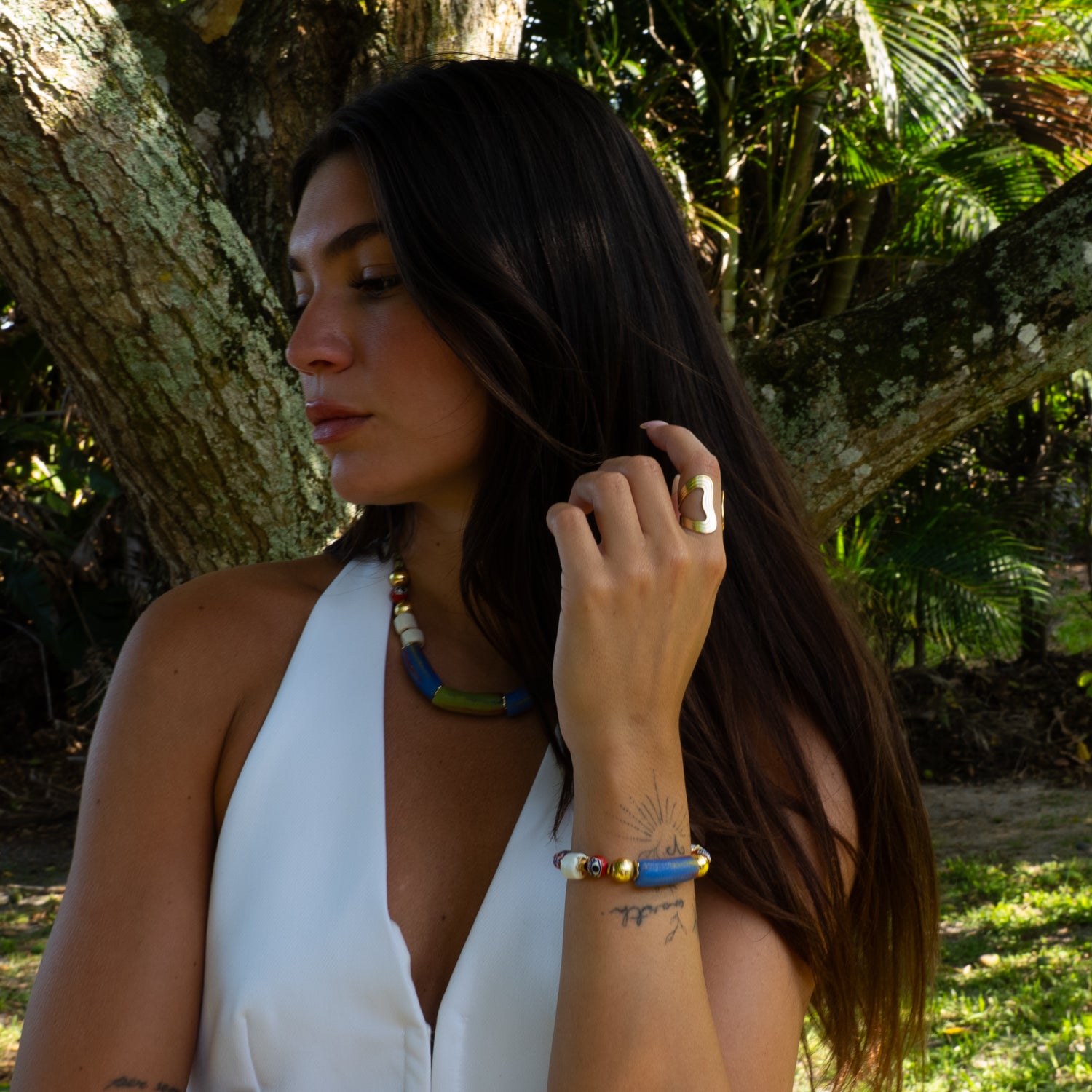 Detail of sacred African chevron bead bracelet styled on right wrist