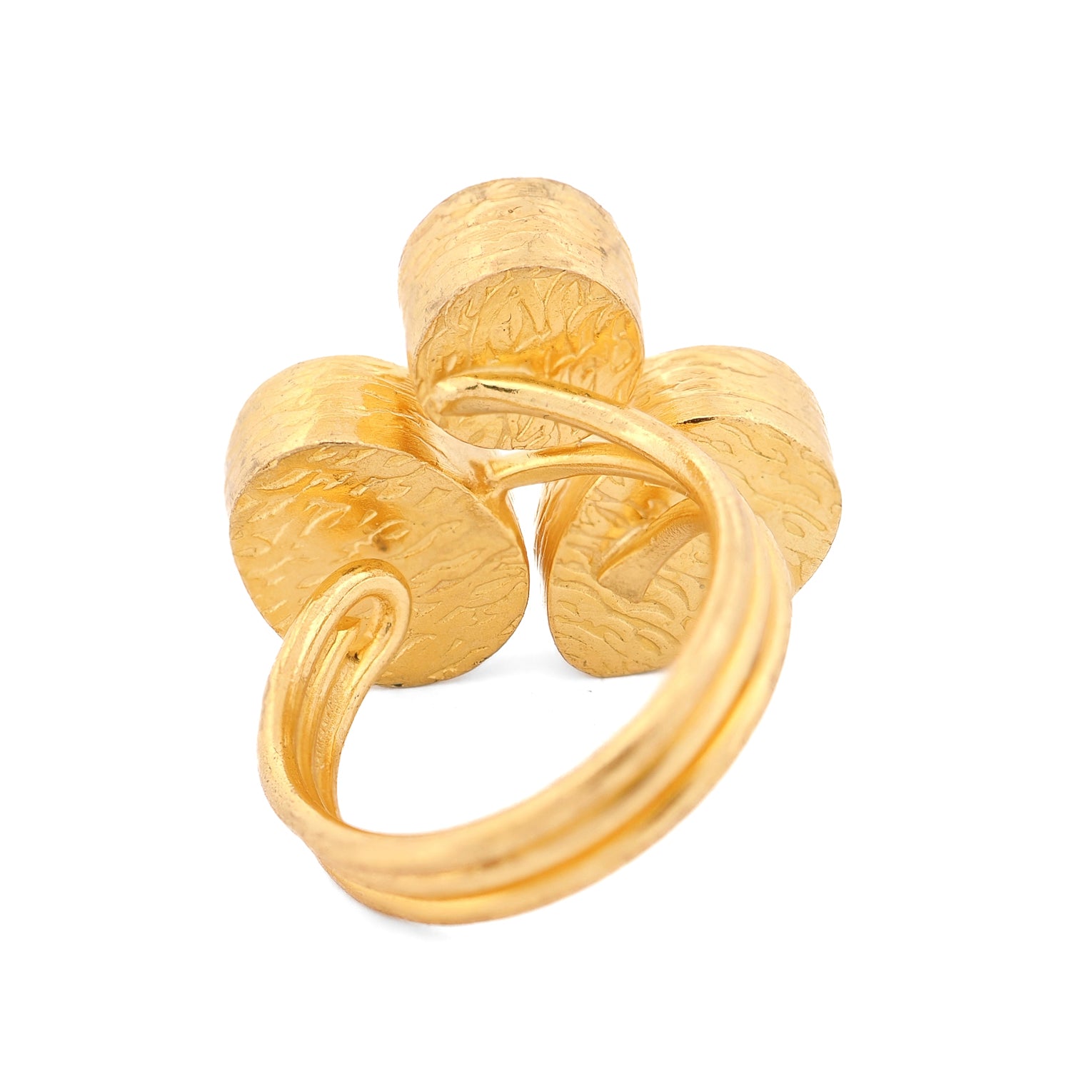 Close-up of 24K gold-plated bronze ring with calming and grounding gemstone trio

