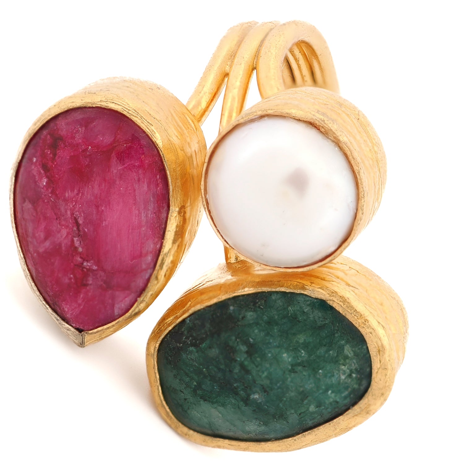 Sacred Calm trio gemstone adjustable ring with pearl, pink agate, and green agate on white background

