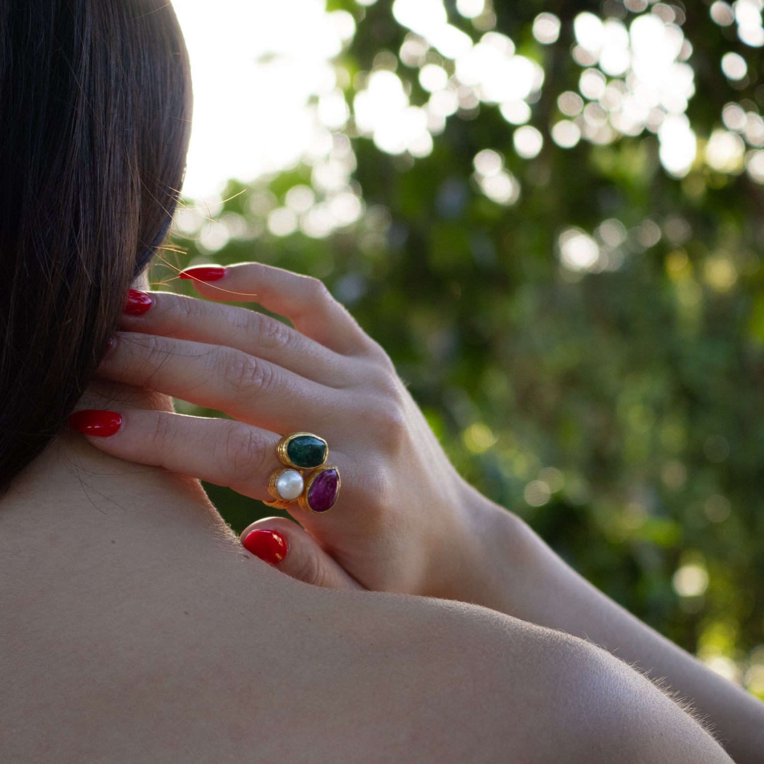 Handmade spiritual ring featuring natural pearl, pink agate, and green agate stones

