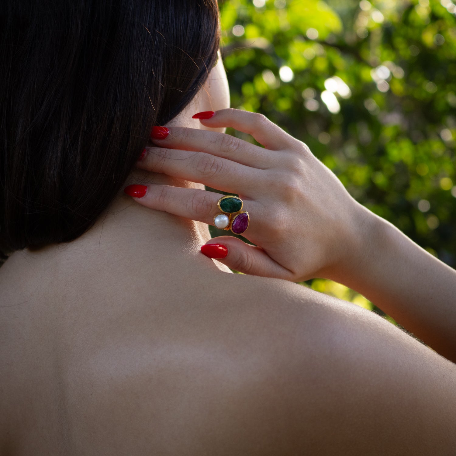 Handmade ring combining soft pearl, gentle pink agate, and grounding green agate

