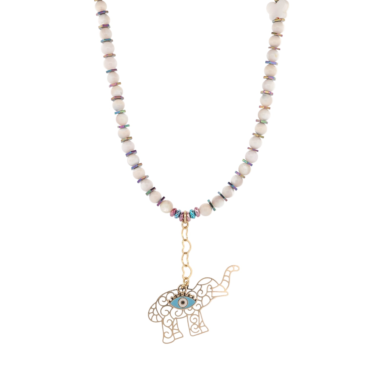 Radiant beaded necklace featuring freshwater pearls, colorful hematite spacers, and a gold-plated elephant with evil eye charm.