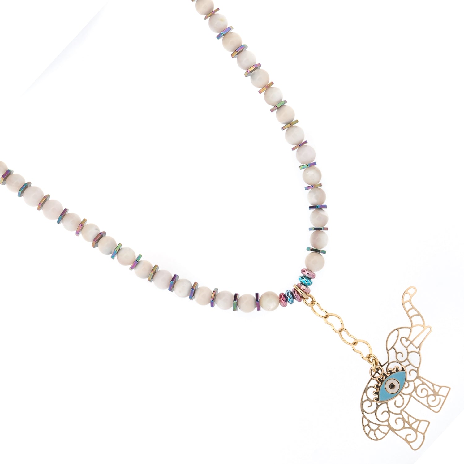 Pearl necklace with colorful hematite beads and gold-plated elephant evil eye charm for protection and luck.