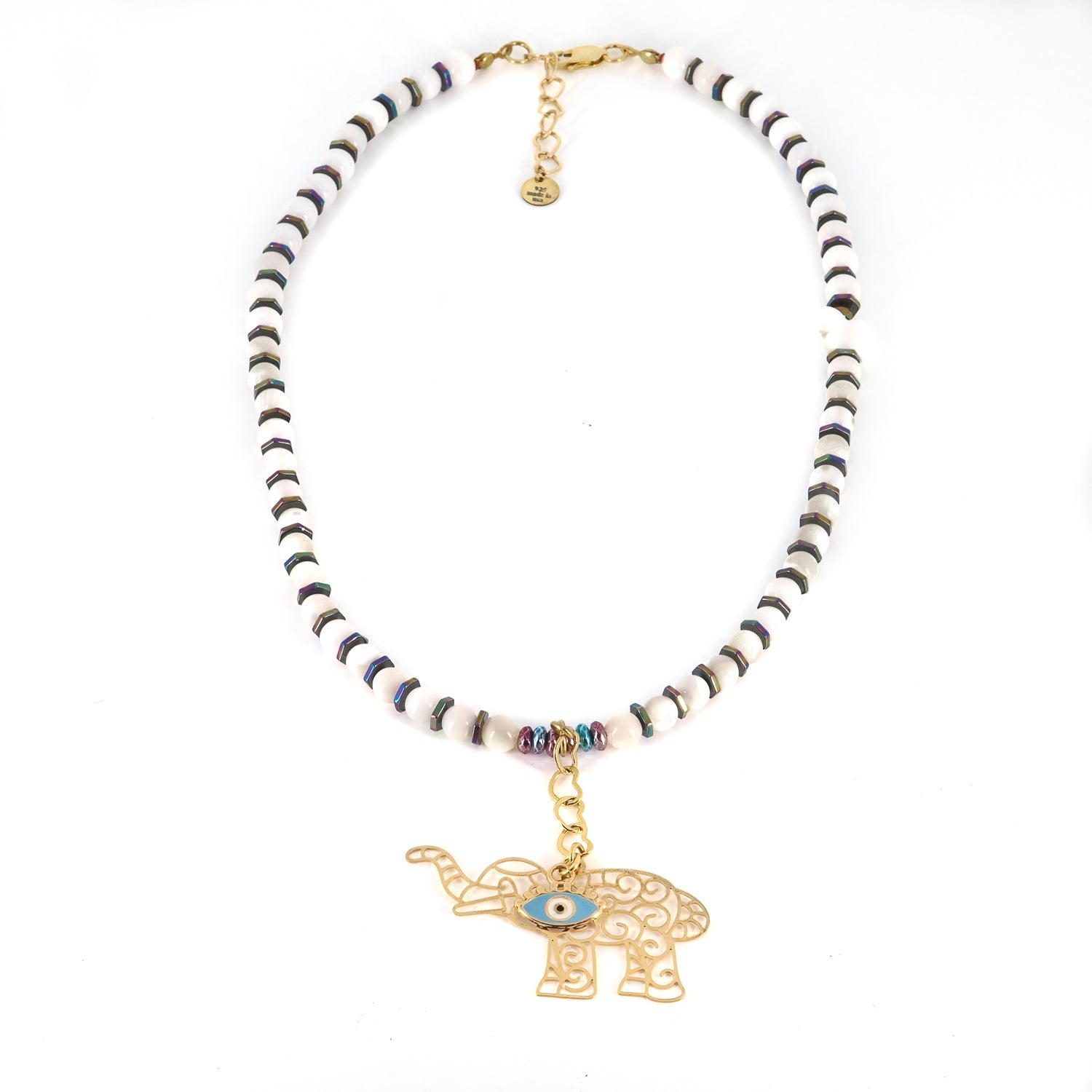 Pearl necklace with colorful hematite beads and gold-plated elephant evil eye charm for protection and luck.