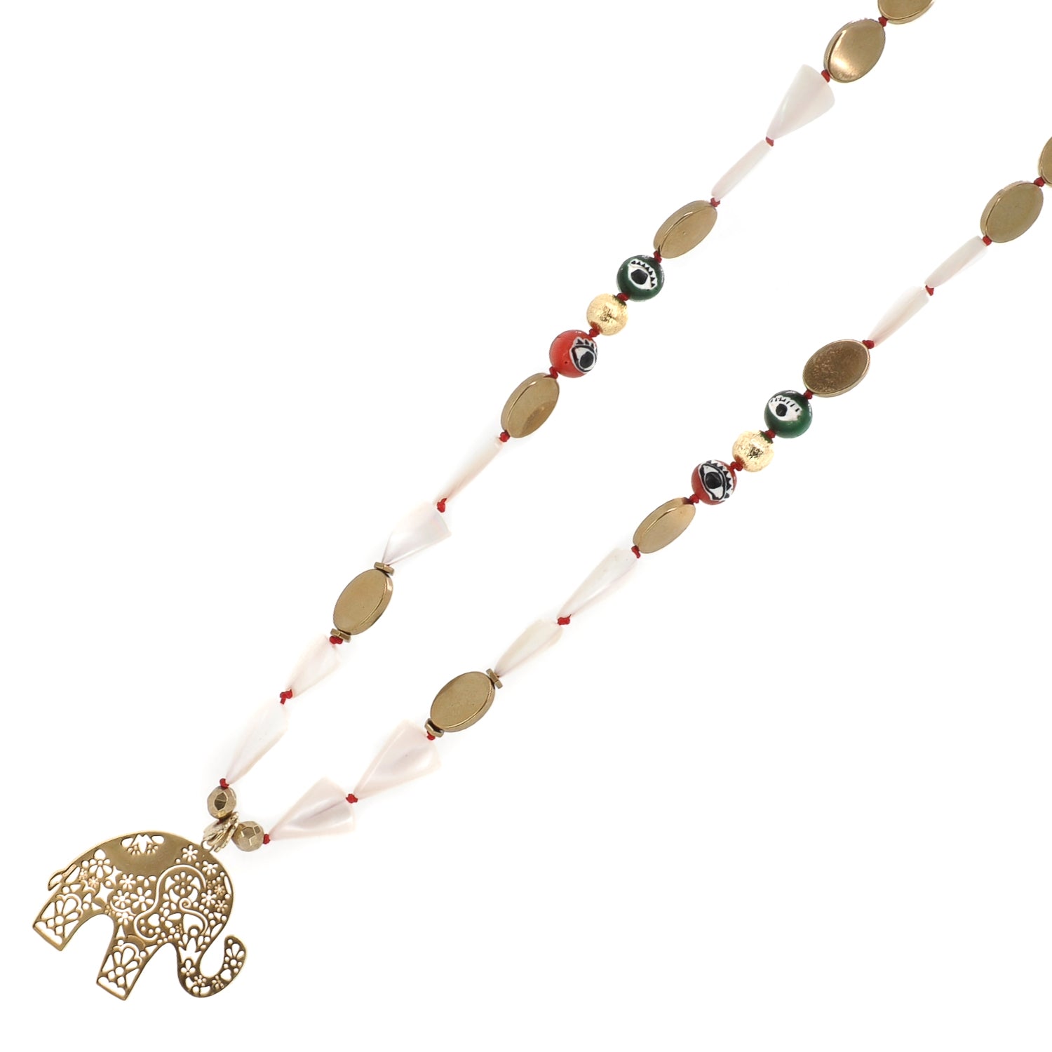 Sacred Elephant Talisman beaded necklace with filigree elephant pendant and evil eye beads by Ebru Jewelry