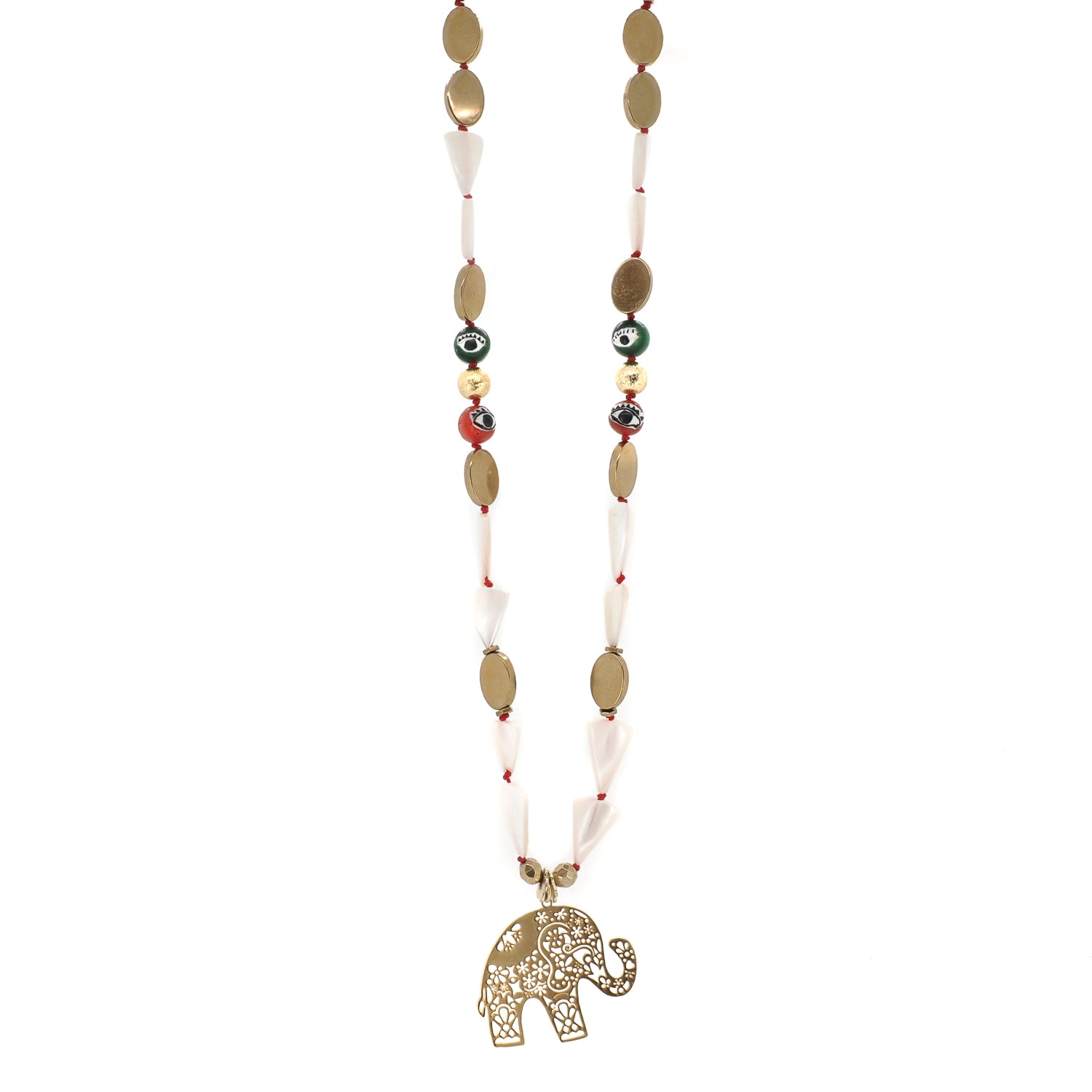 Long beaded necklace with 18k gold filigree elephant pendant and red knotted silk thread detailing