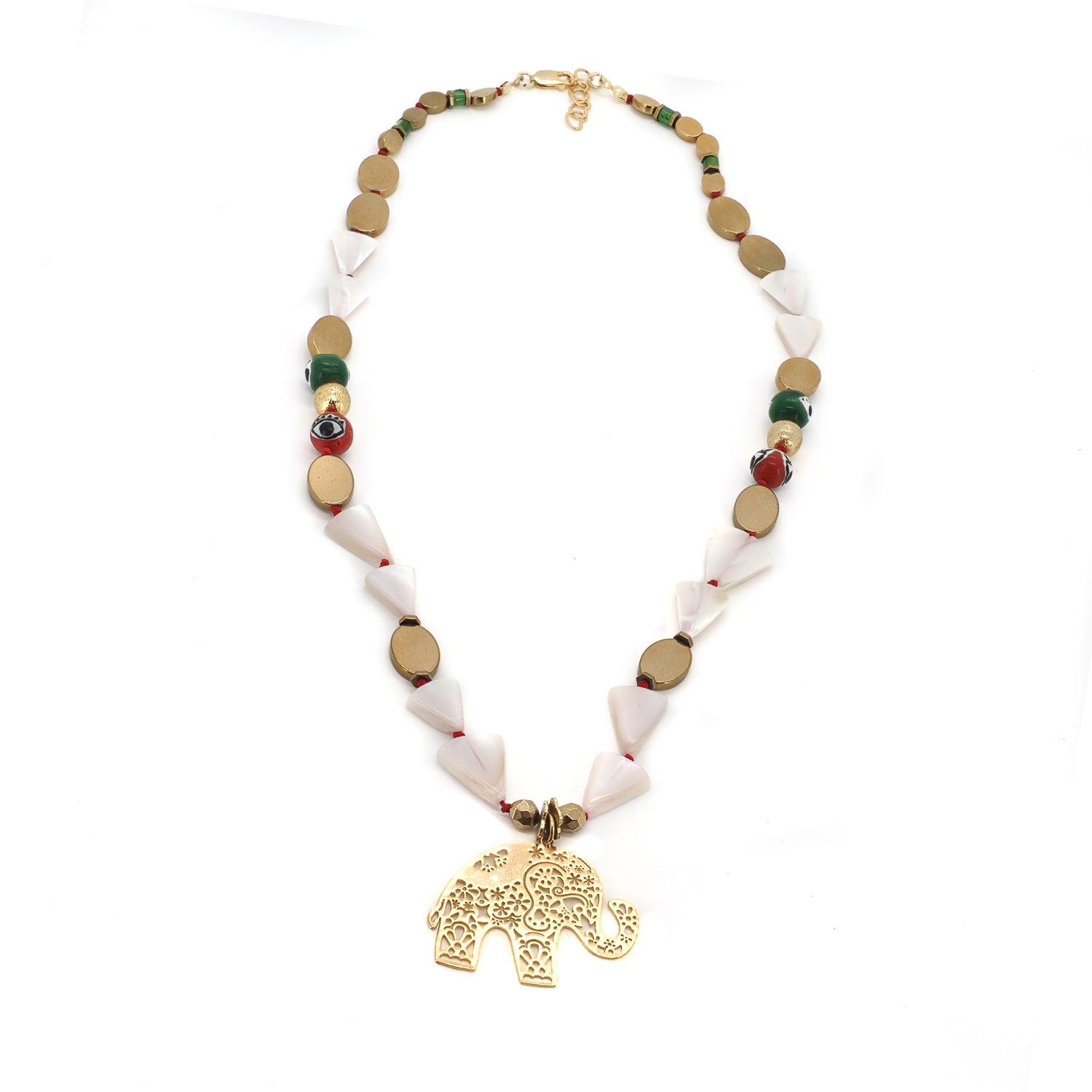 Hand-knotted beaded necklace with pearl, gold hematite, and evil eye beads featuring filigree elephant pendant
