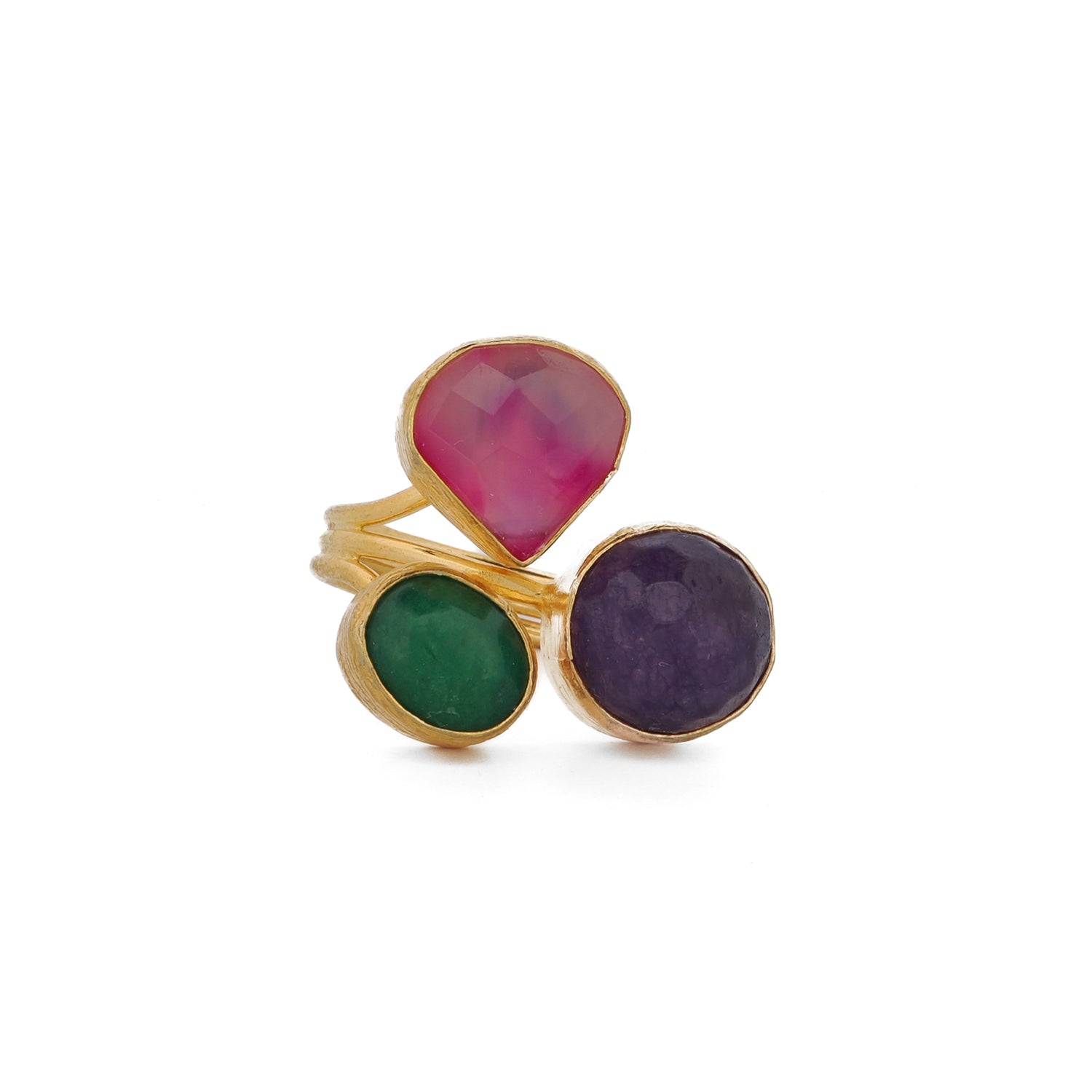 Close-up of 24K gold-plated bronze ring with uniquely cut trio gemstones

