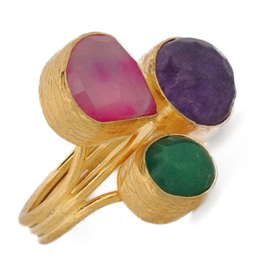Sacred Garden trio gemstone ring with pink quartz, emerald, and amethyst on white background

