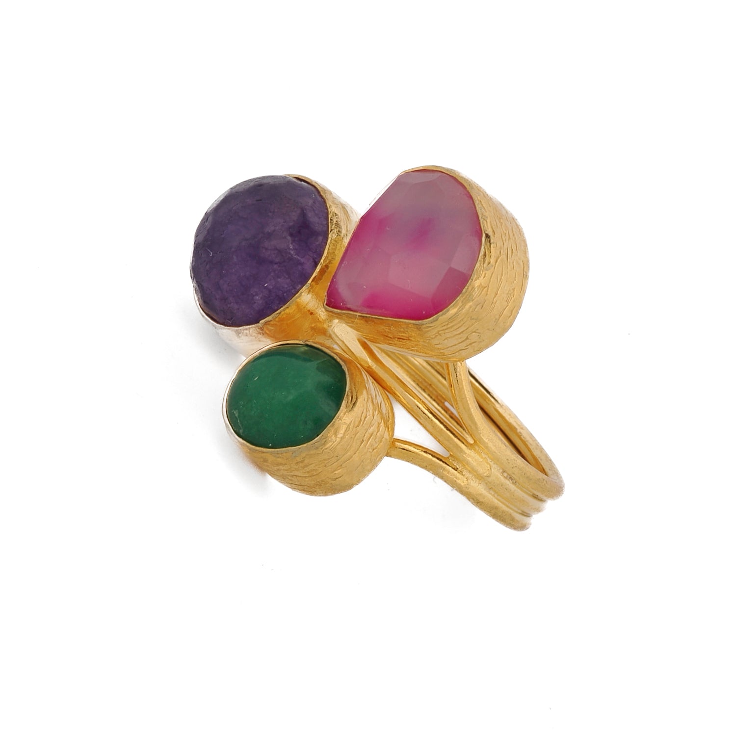 Artisan-crafted ring blending pink quartz for healing, emerald for renewal, and amethyst for serenity

